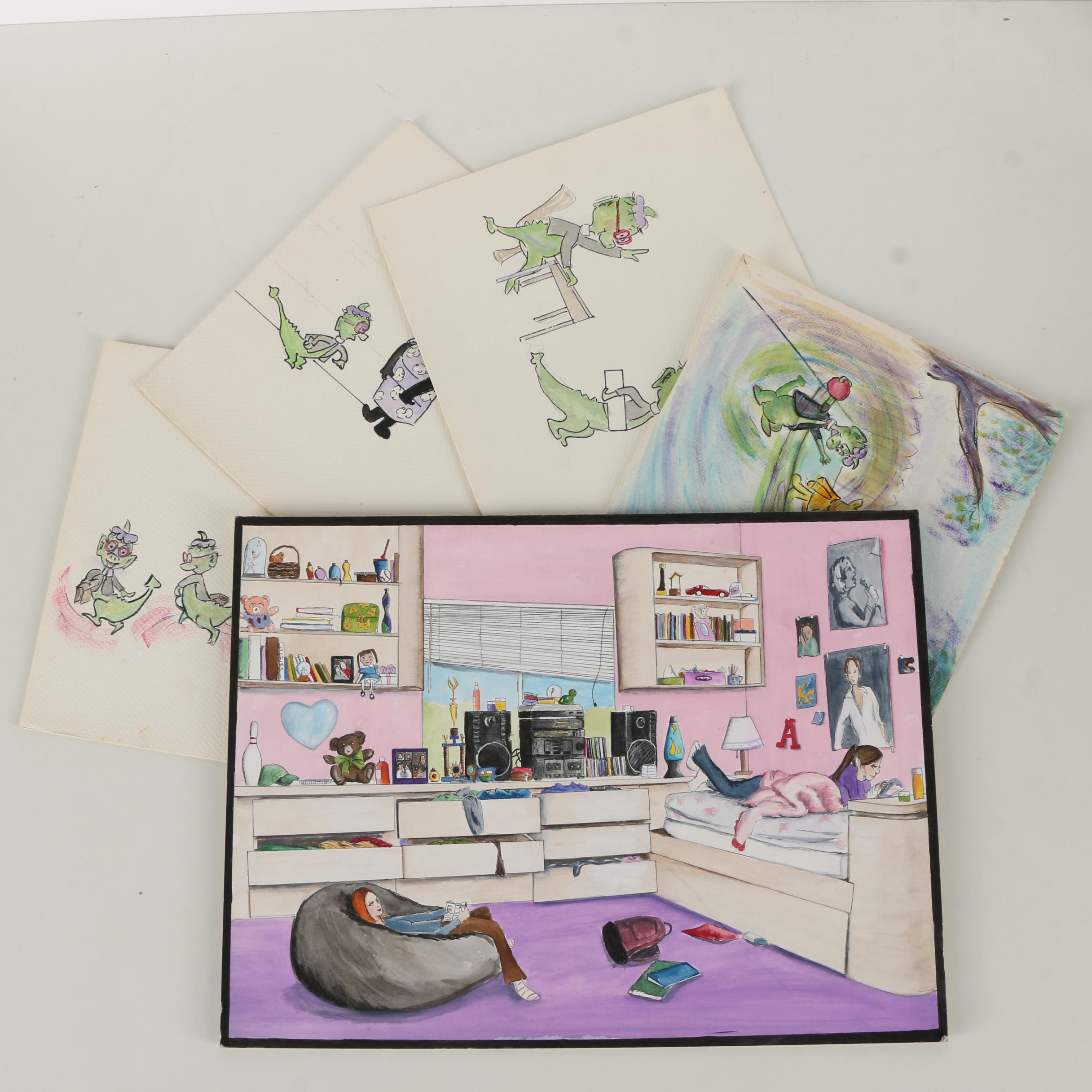 Watercolor Illustrations on Paper Including Drawings of Dragons