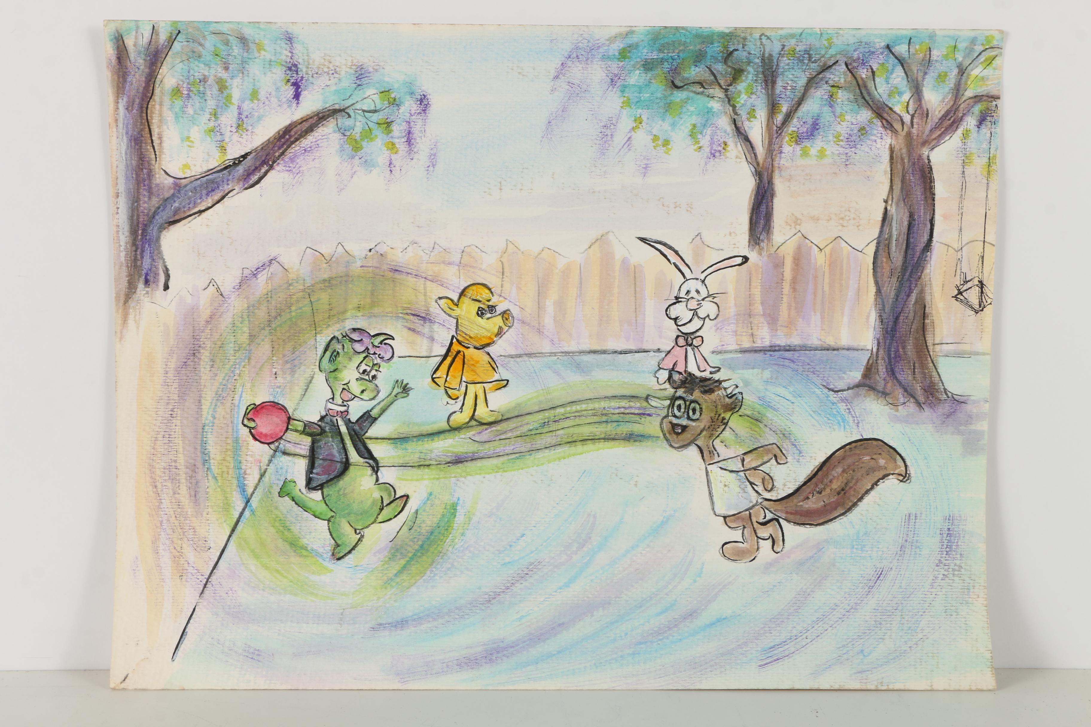 Watercolor Illustrations on Paper Including Drawings of Dragons