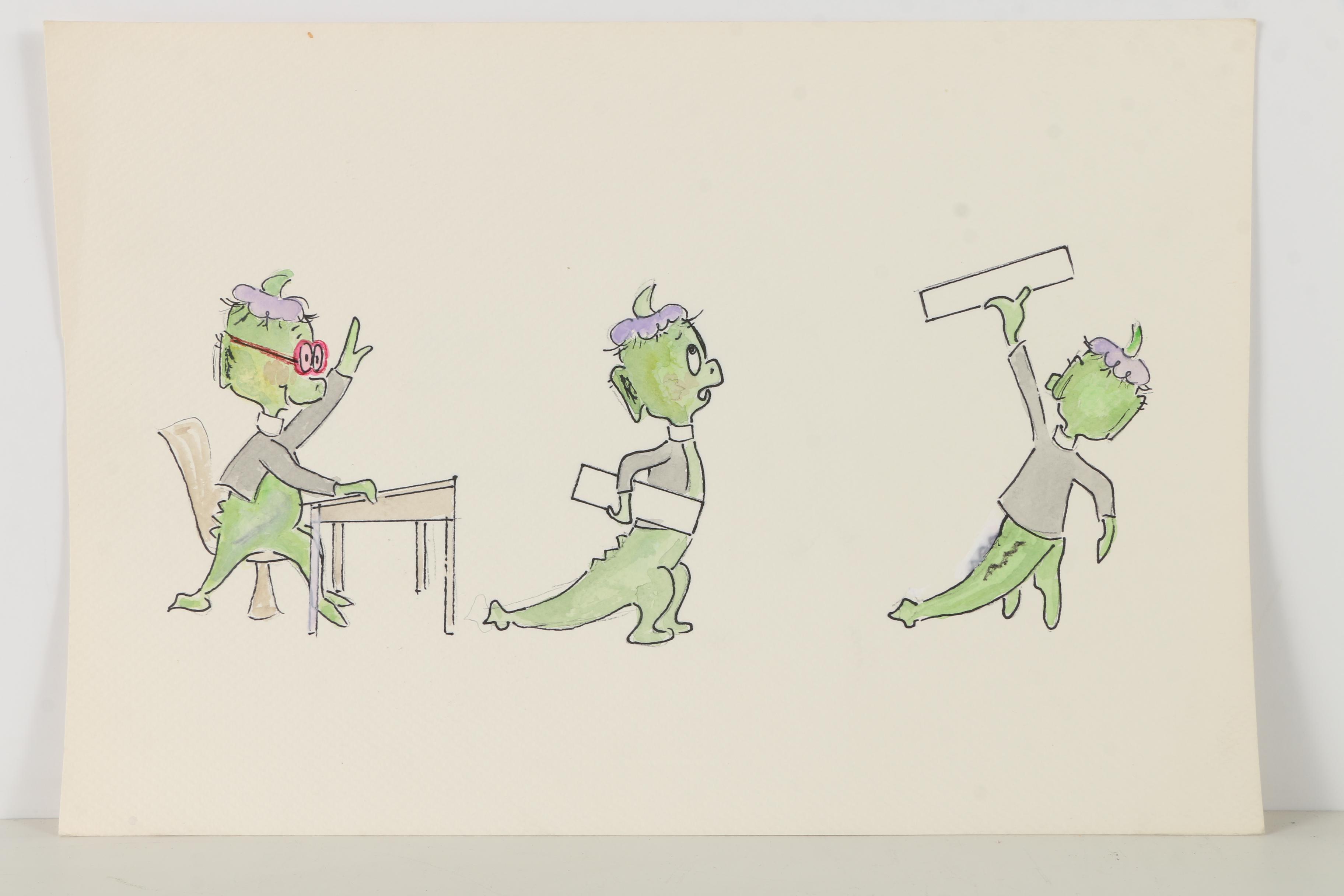 Watercolor Illustrations on Paper Including Drawings of Dragons