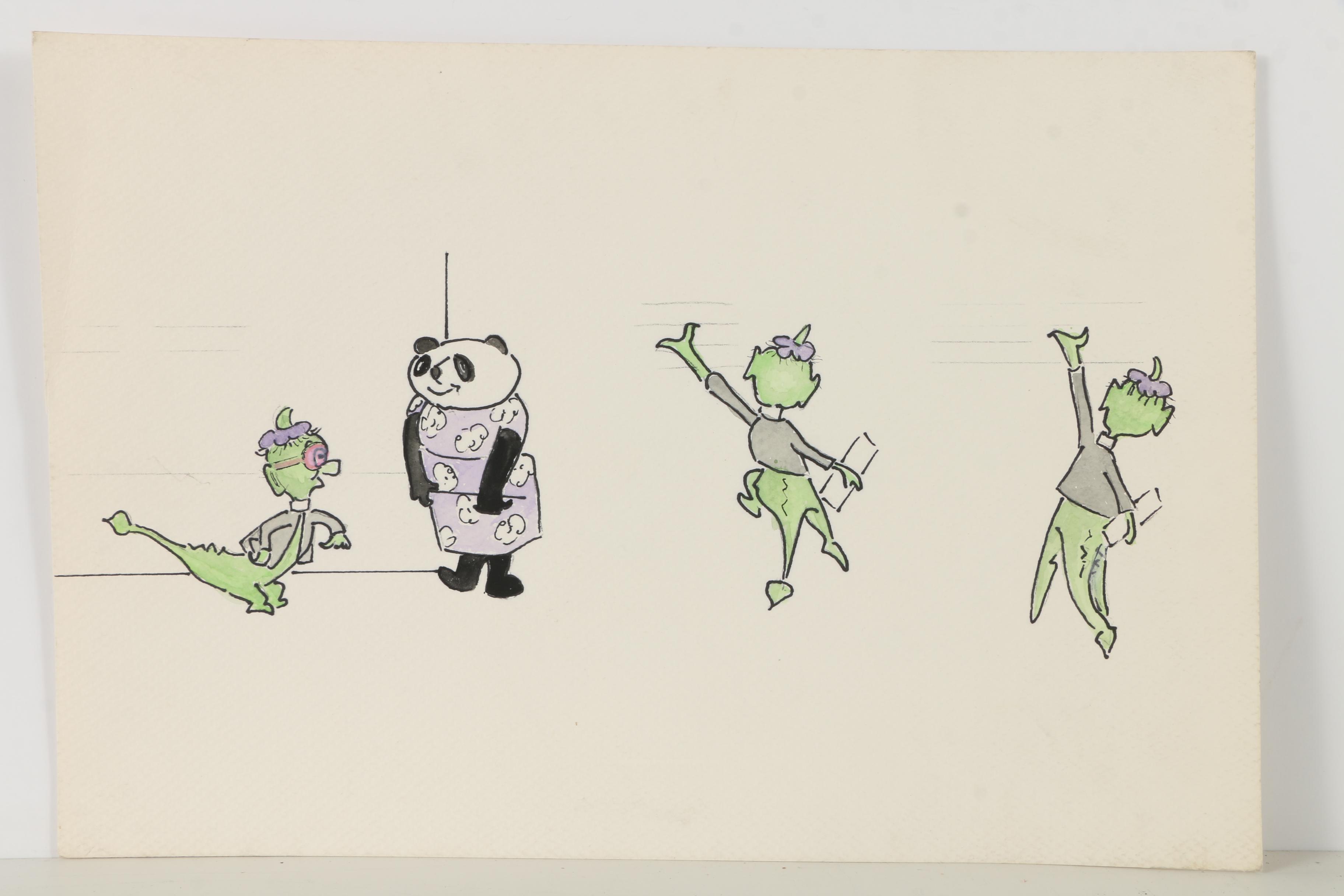 Watercolor Illustrations on Paper Including Drawings of Dragons