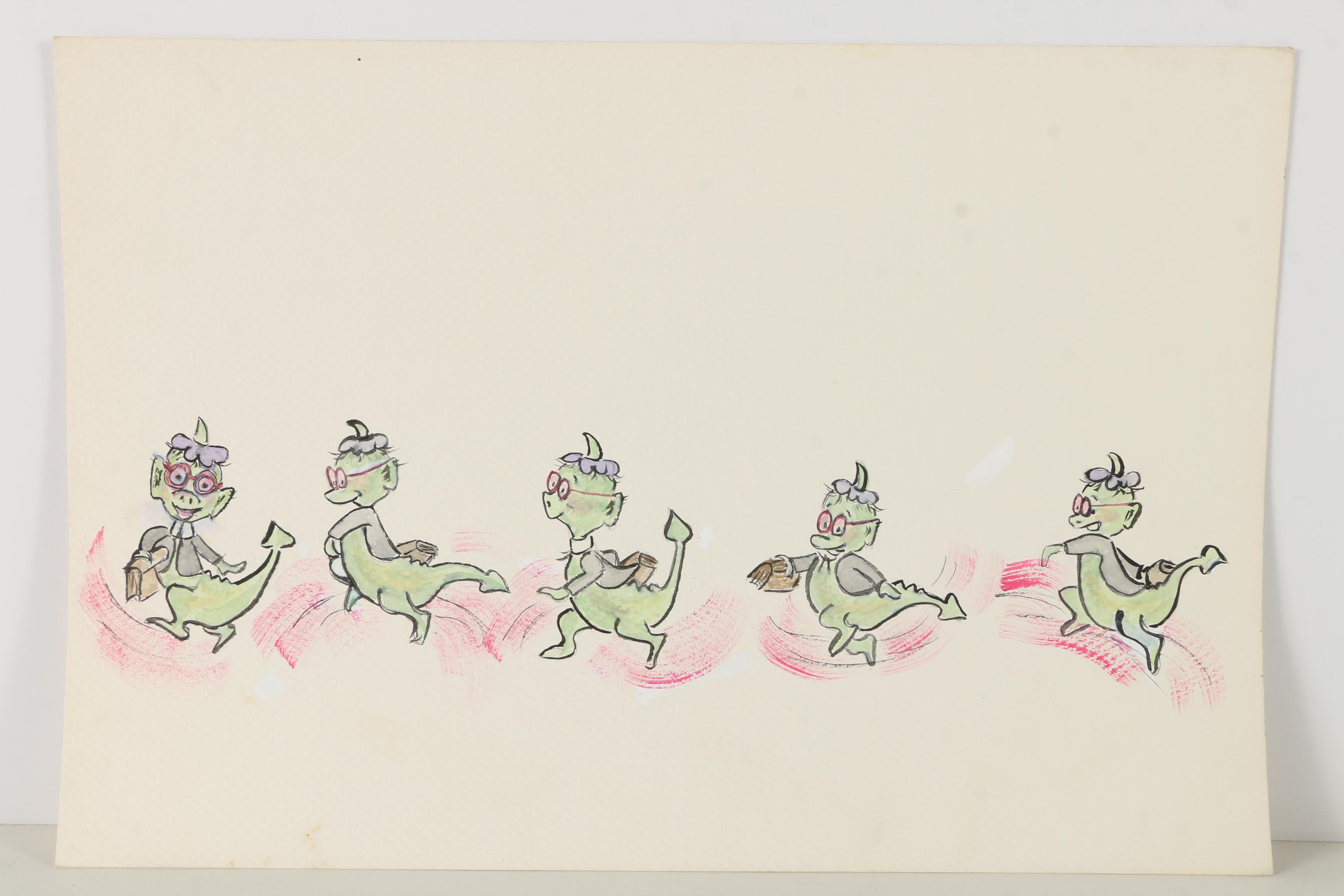 Watercolor Illustrations on Paper Including Drawings of Dragons