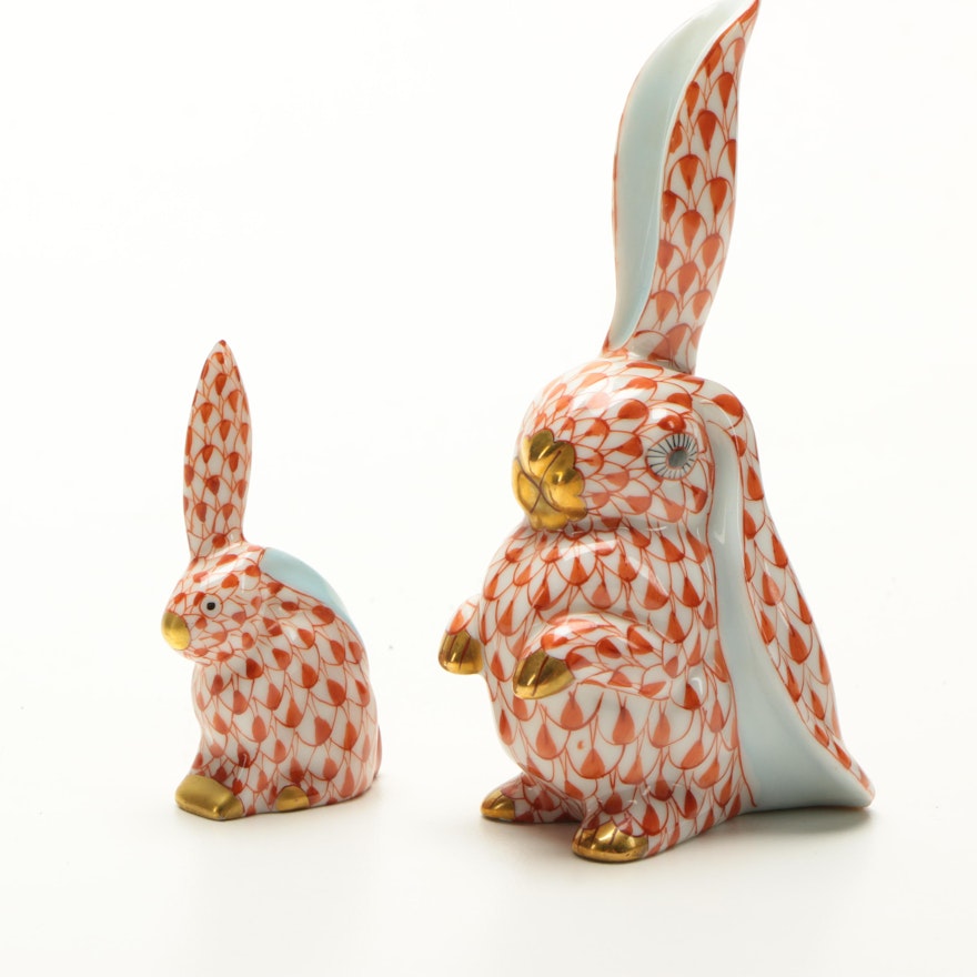 Pair of Herend Porcelain Rabbits with Ear Up