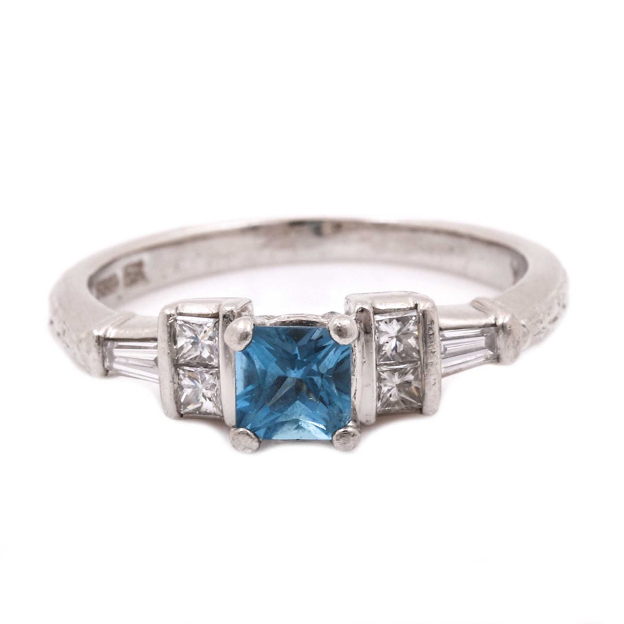 Platinum Blue Topaz and Diamond Ring