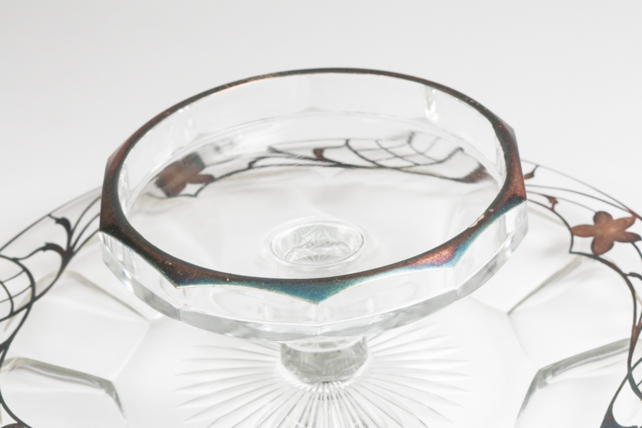 Heisey Glass and Silver Overlay Chip and Dip Plate with Spoon