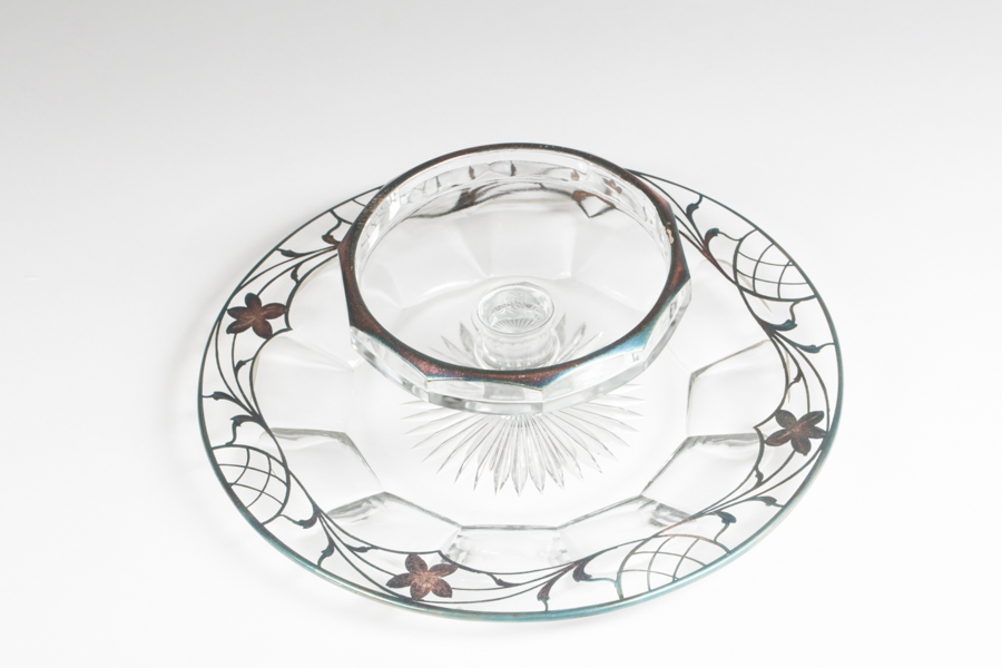 Heisey Glass and Silver Overlay Chip and Dip Plate with Spoon