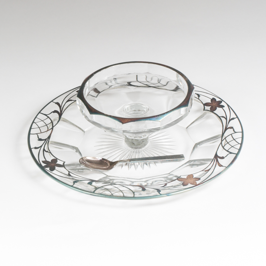 Heisey Glass and Silver Overlay Chip and Dip Plate with Spoon