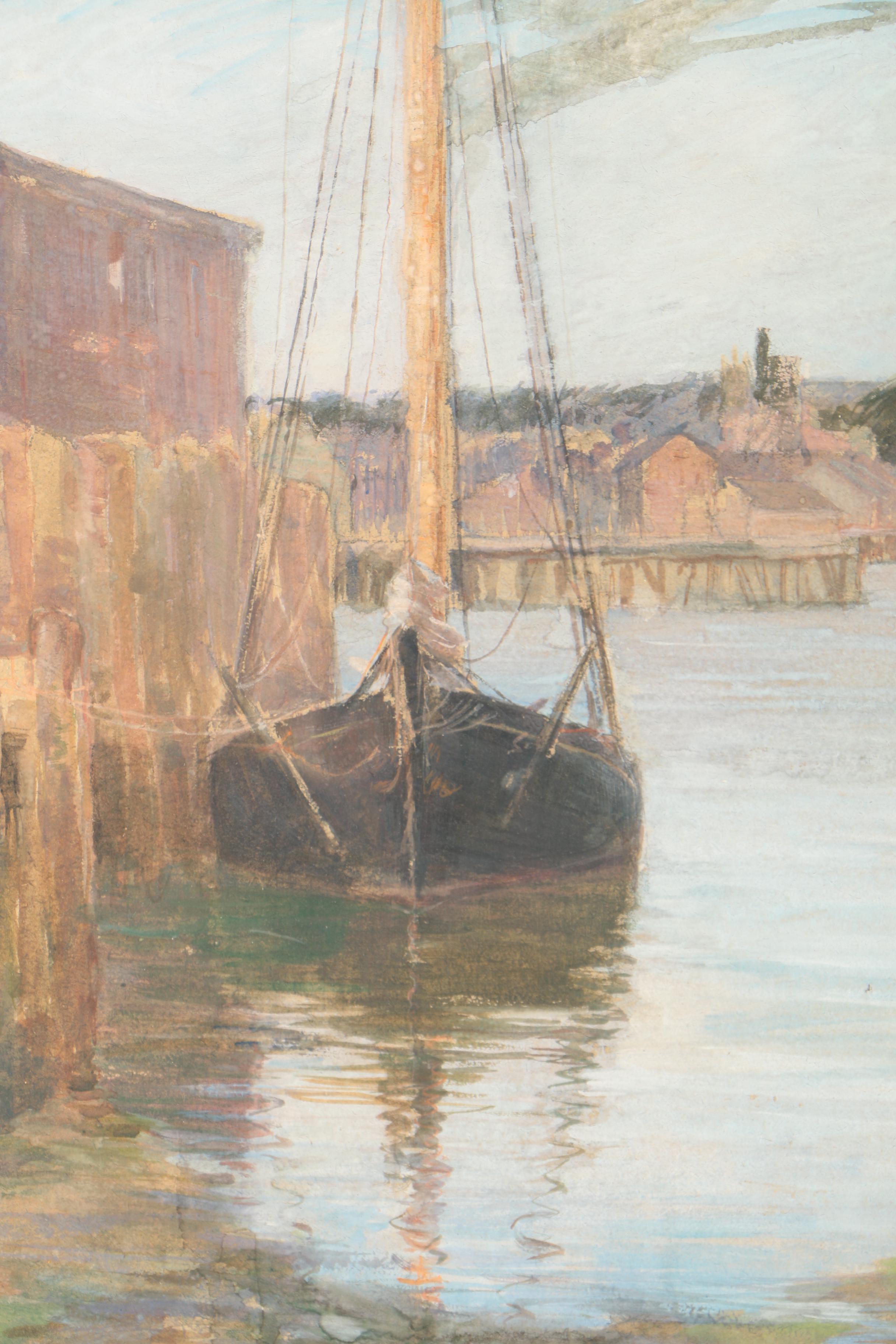 Bertha E. Perrie Watercolor and Gouache Painting "Gloucester Wharf"