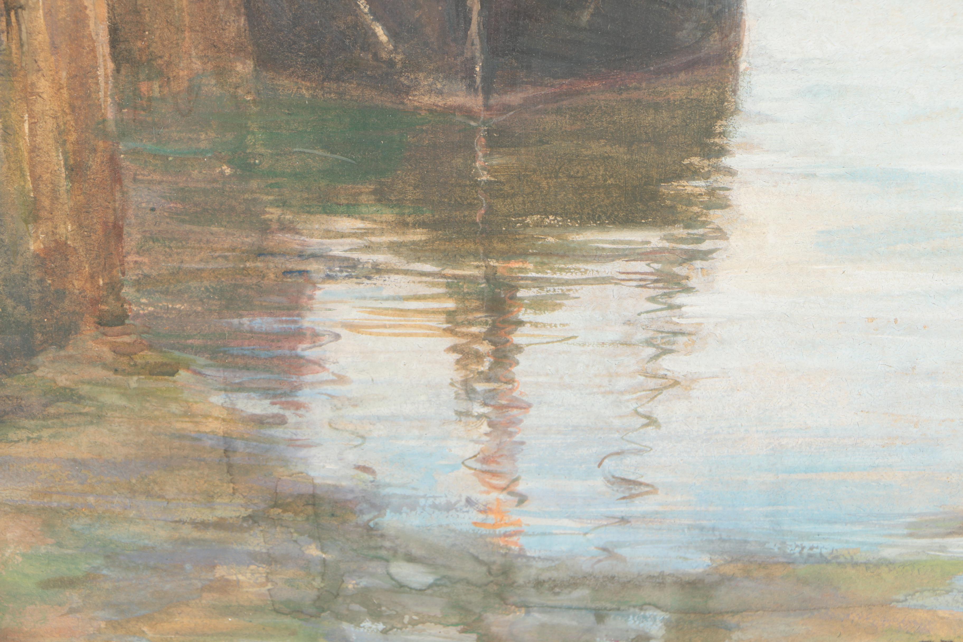 Bertha E. Perrie Watercolor and Gouache Painting "Gloucester Wharf"