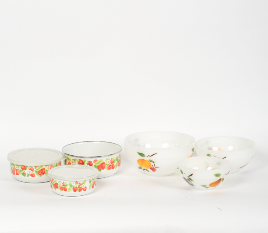 Fire-King "Fruit" Nesting Bowls and Kobë Kitchen Storage Containers