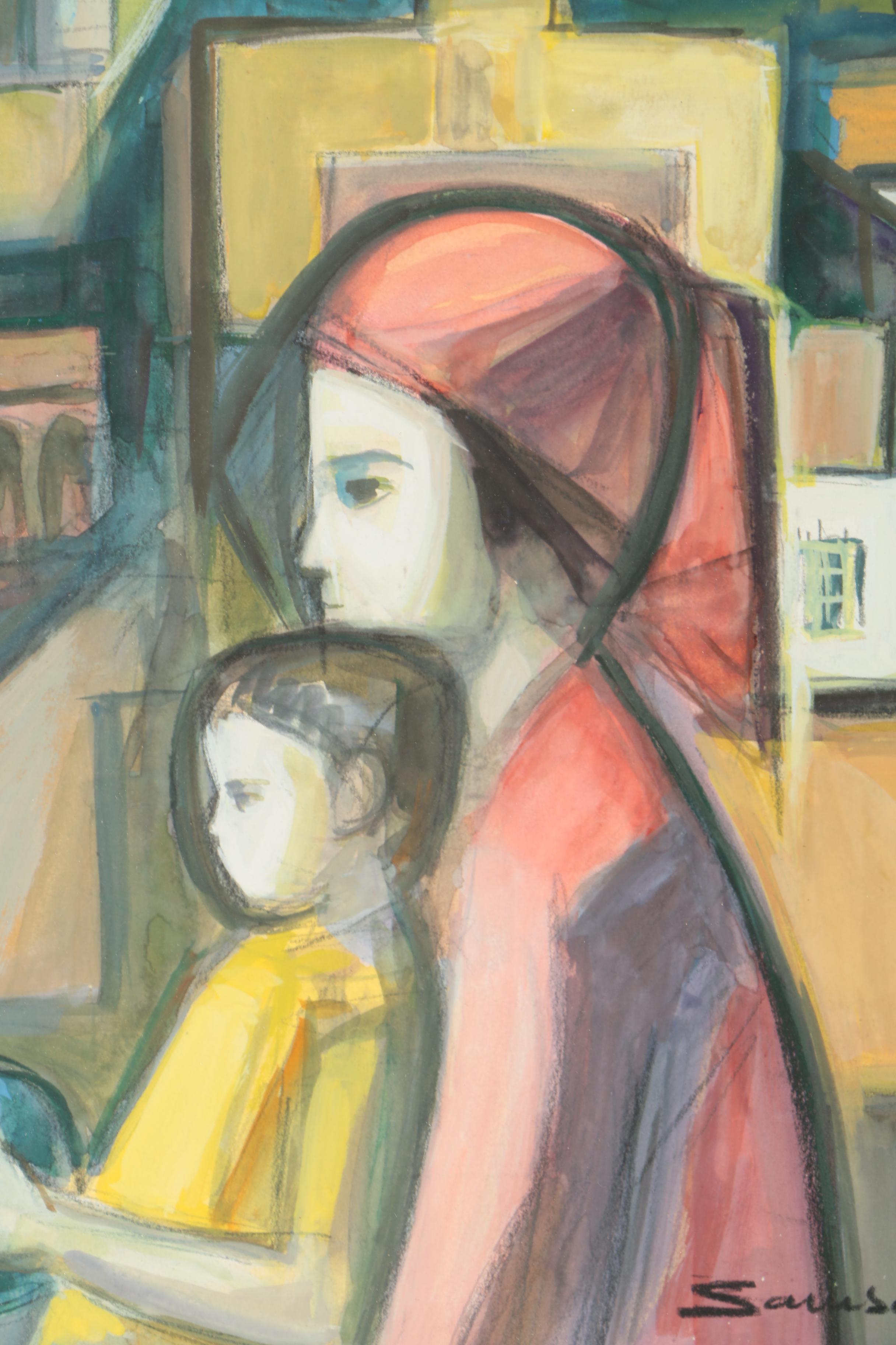 Simon Samsonian Watercolor and Gouache Painting of Figures