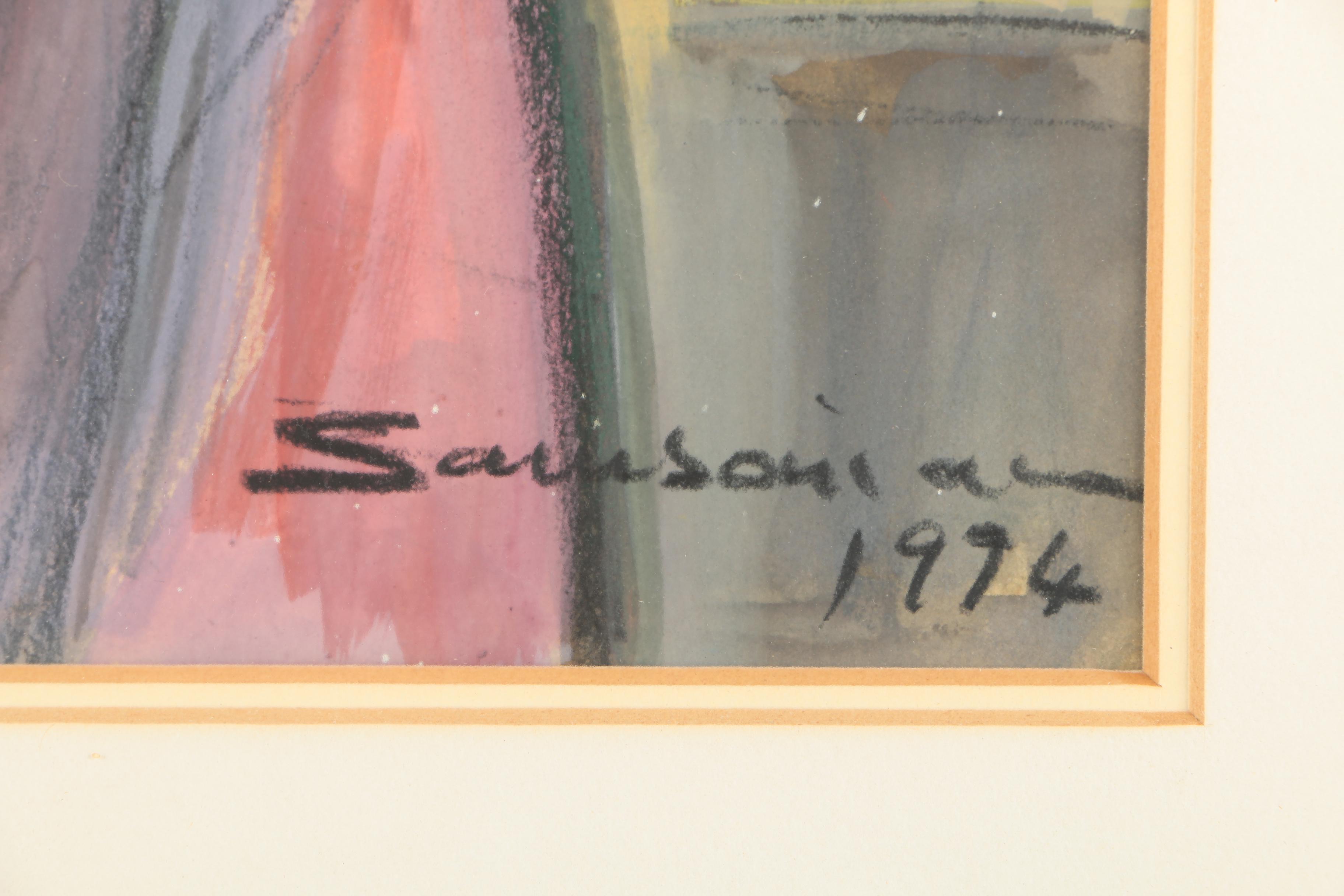 Simon Samsonian Watercolor and Gouache Painting of Figures