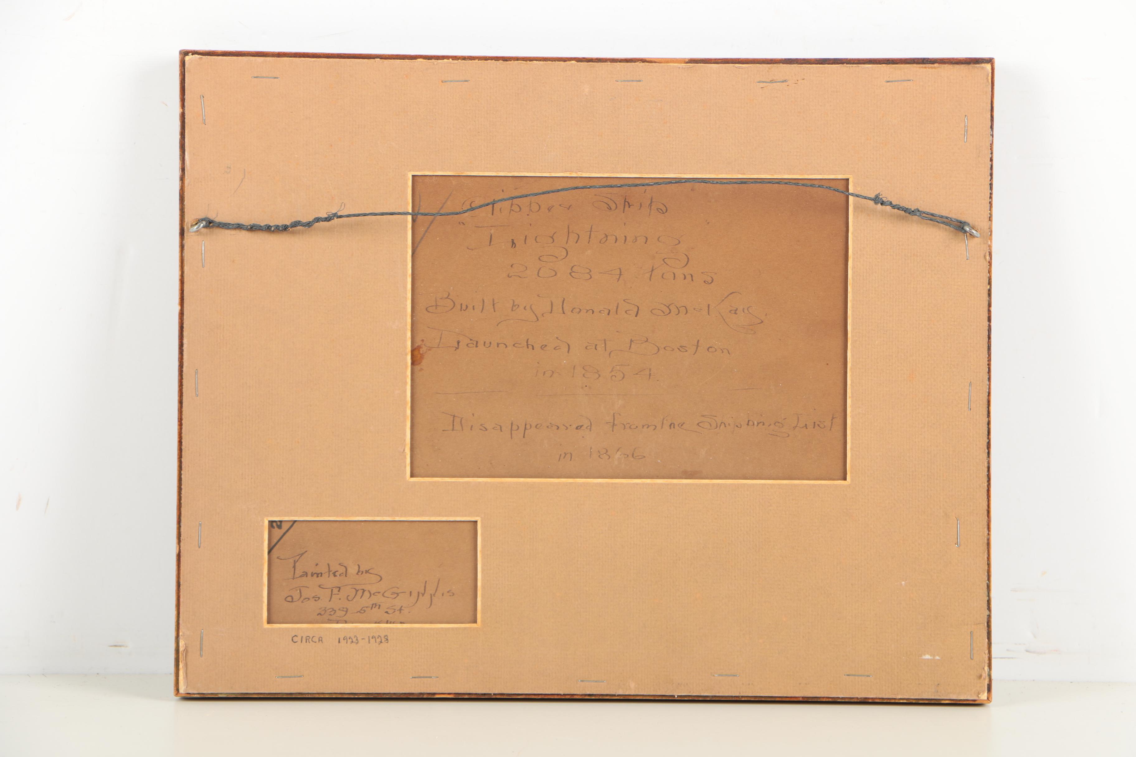 J.F. McGinnis Vintage Watercolor Painting of Clipper Ship "Lightning"