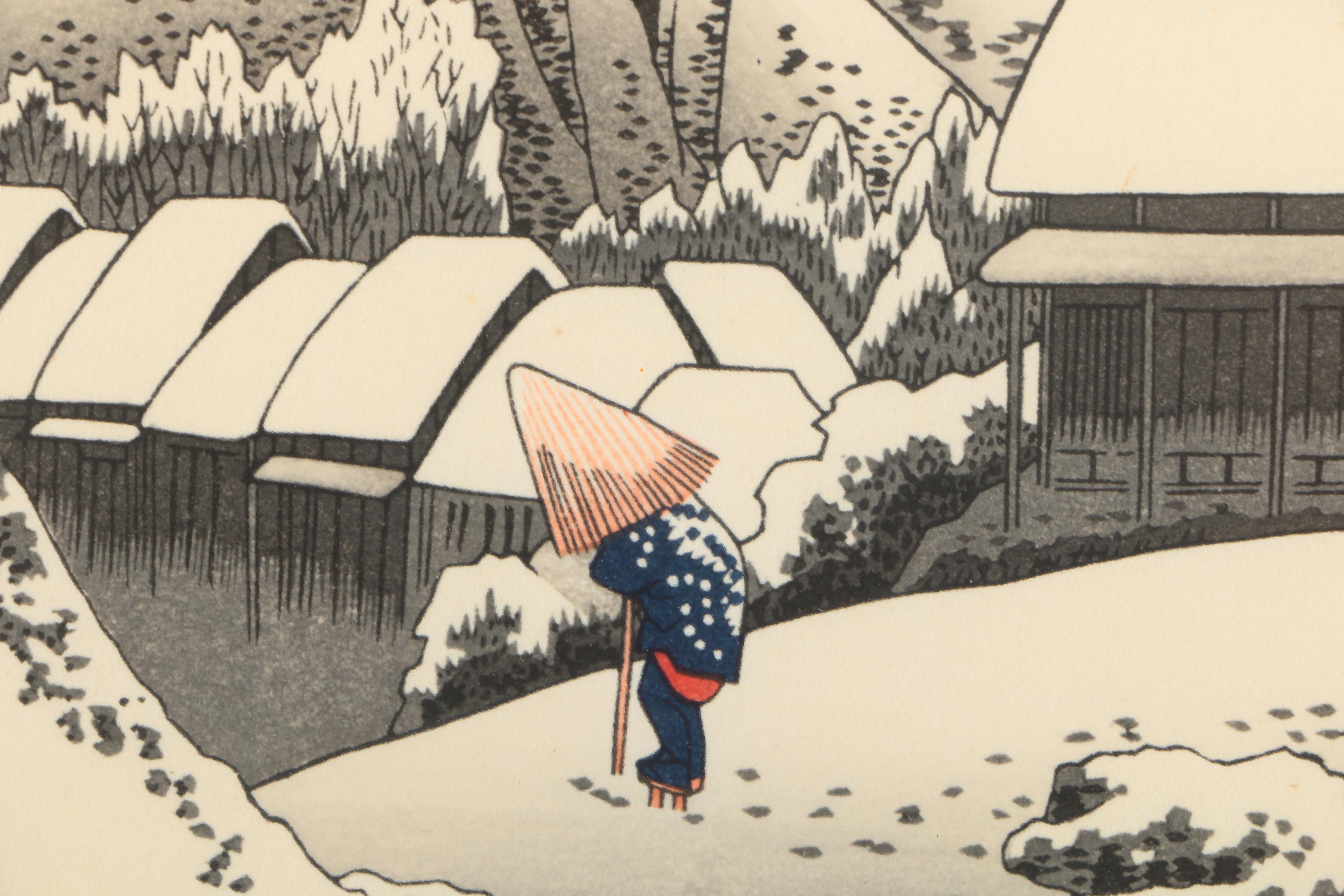 Vintage Restrike Woodblock Print After Hiroshige's "Kanbara: Night Snow"