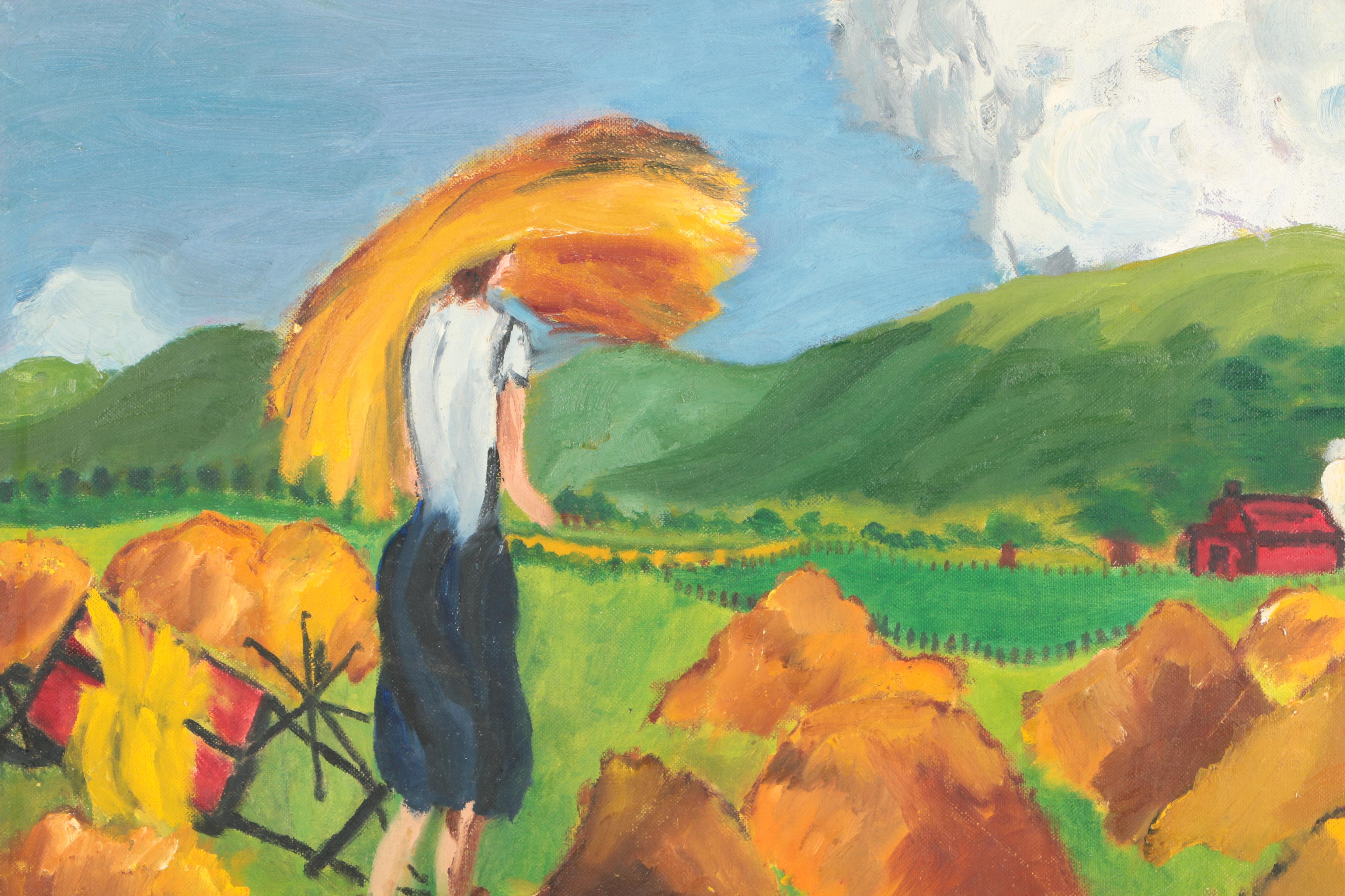 Oil Painting of a Woman Carrying Hay