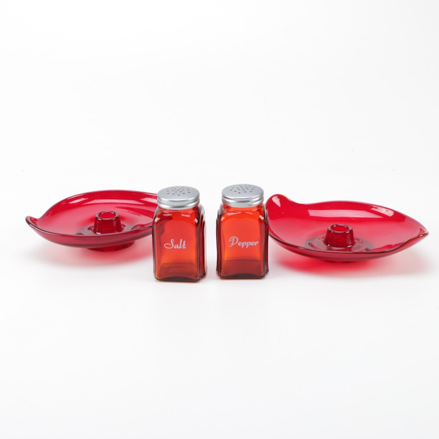 Red Glass Salt & Pepper Shakers and Candlesticks
