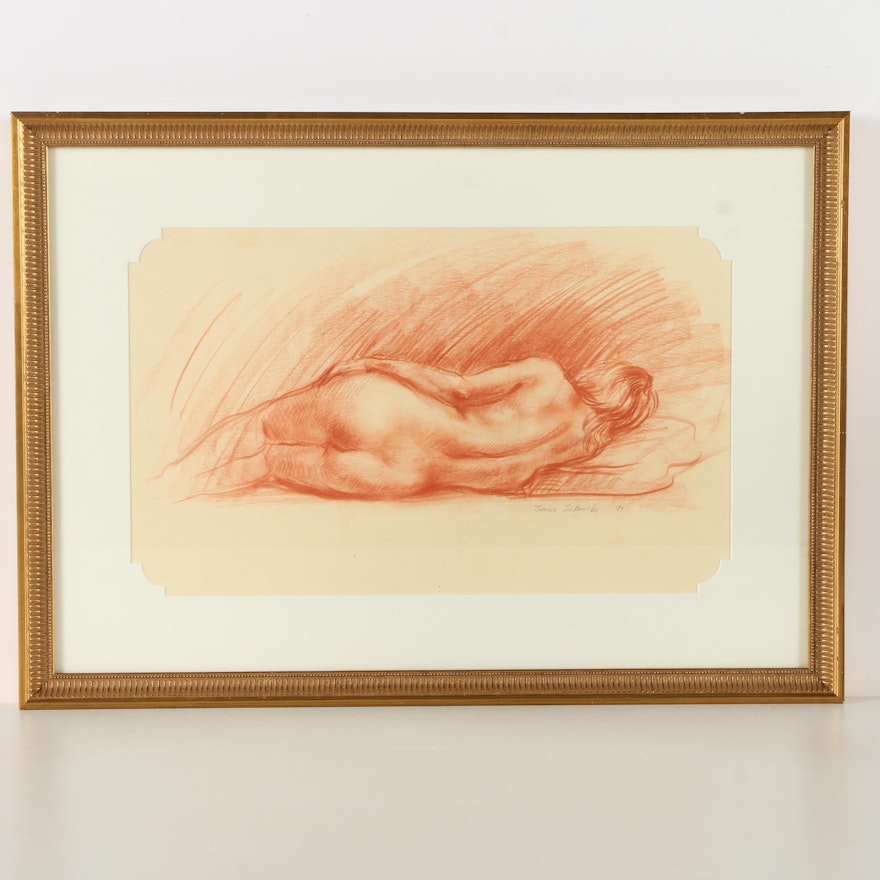 James Sulkowski Original 1989 Conté Crayon Drawing of Reclining Nude