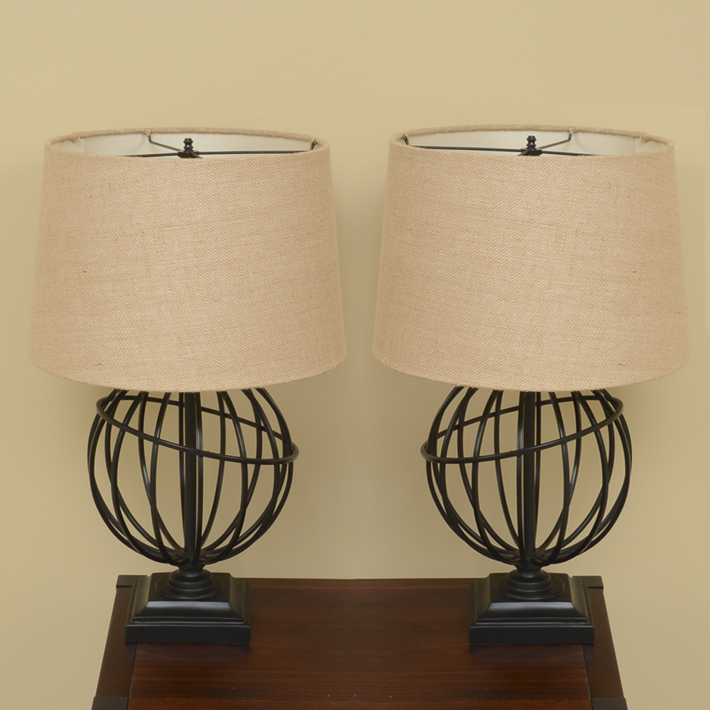 Black  Metal Orb Table Lamps with Beige Shades