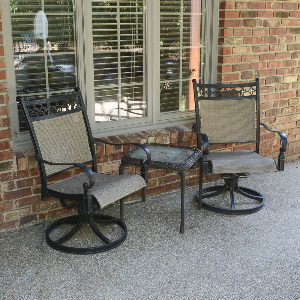 Pair of Outdoor Swivel Rockers and Side Table
