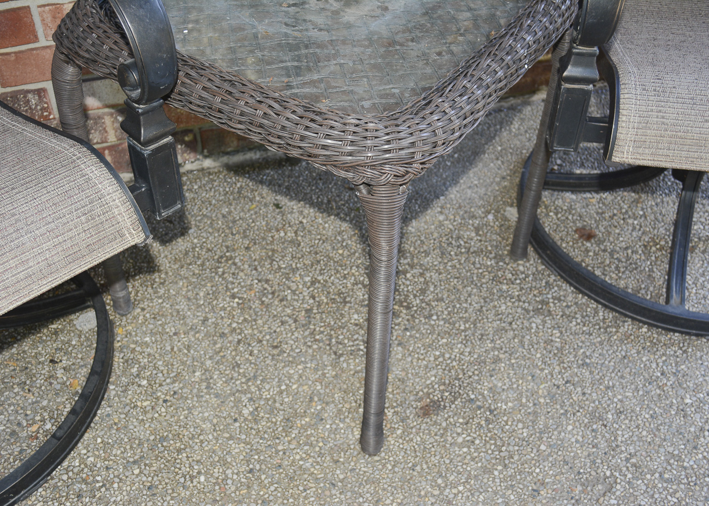 Pair of Outdoor Swivel Rockers and Side Table