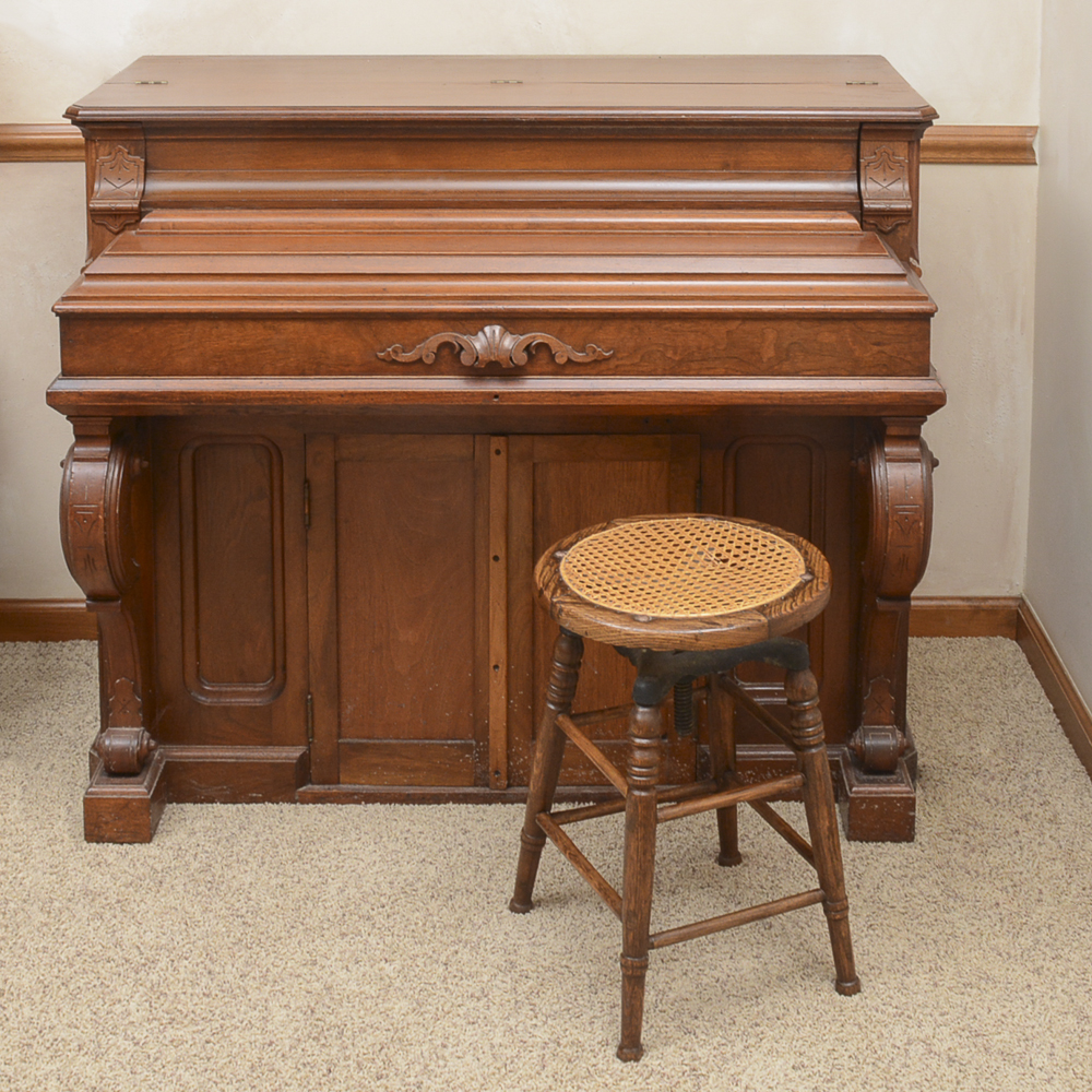 Antique Victorian Eastlake Walnut Spinet Desk with Oak Stool