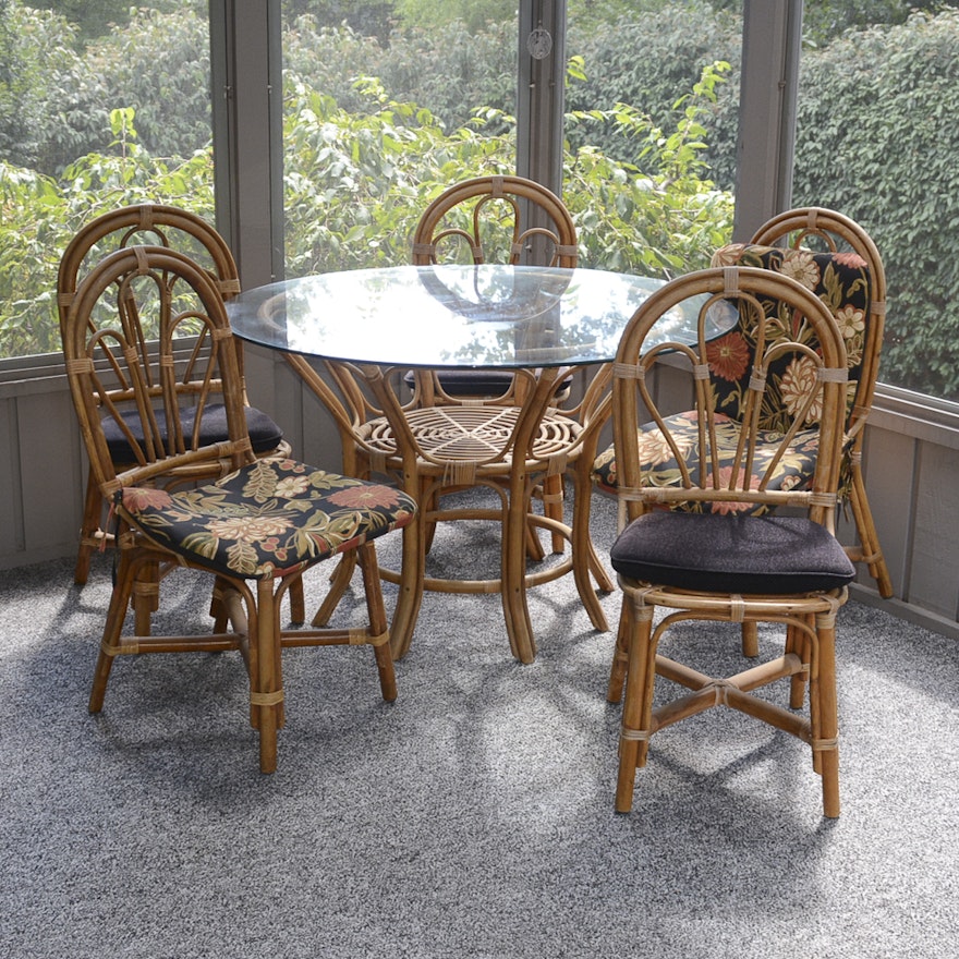 Bamboo Glass Top Patio Table and Six Chairs