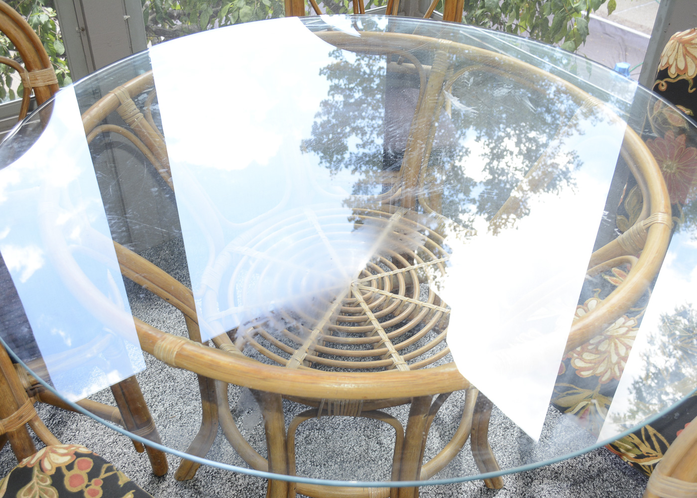 Bamboo Glass Top Patio Table and Six Chairs