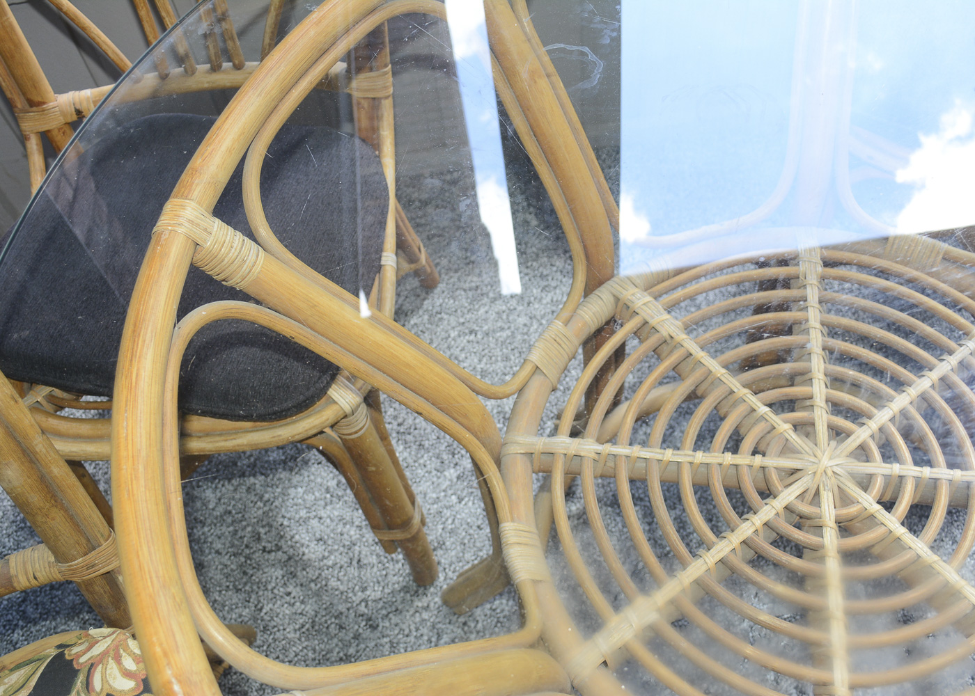 Bamboo Glass Top Patio Table and Six Chairs