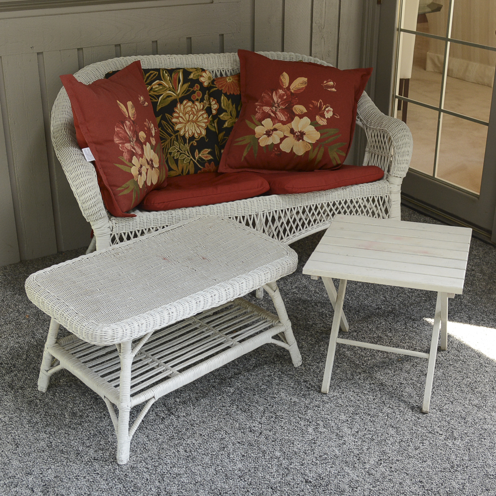 White Wicker Love Seat with Tables