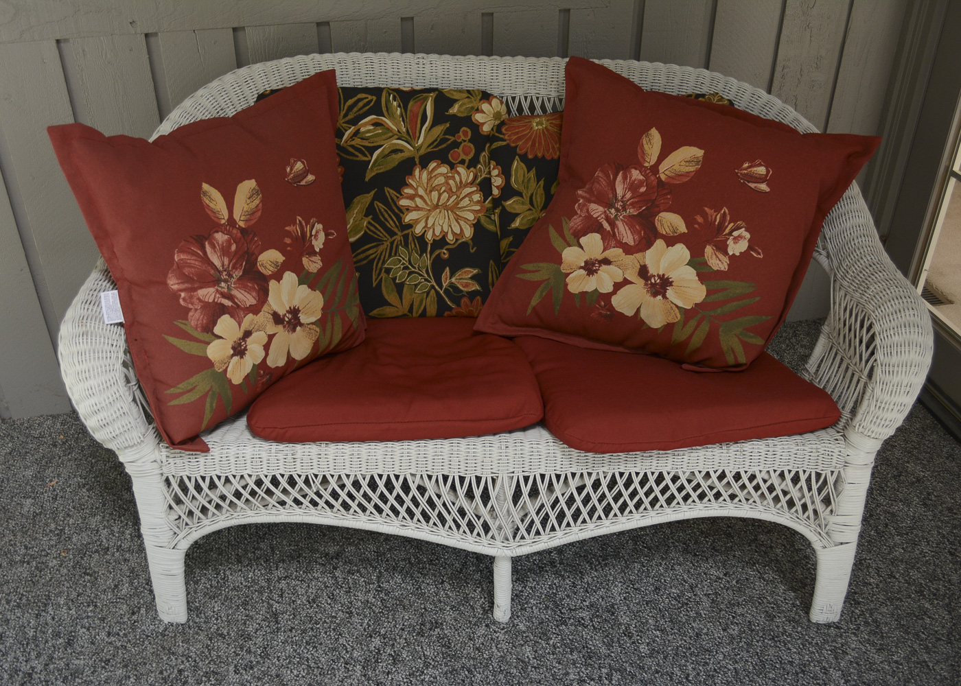 White Wicker Love Seat with Tables