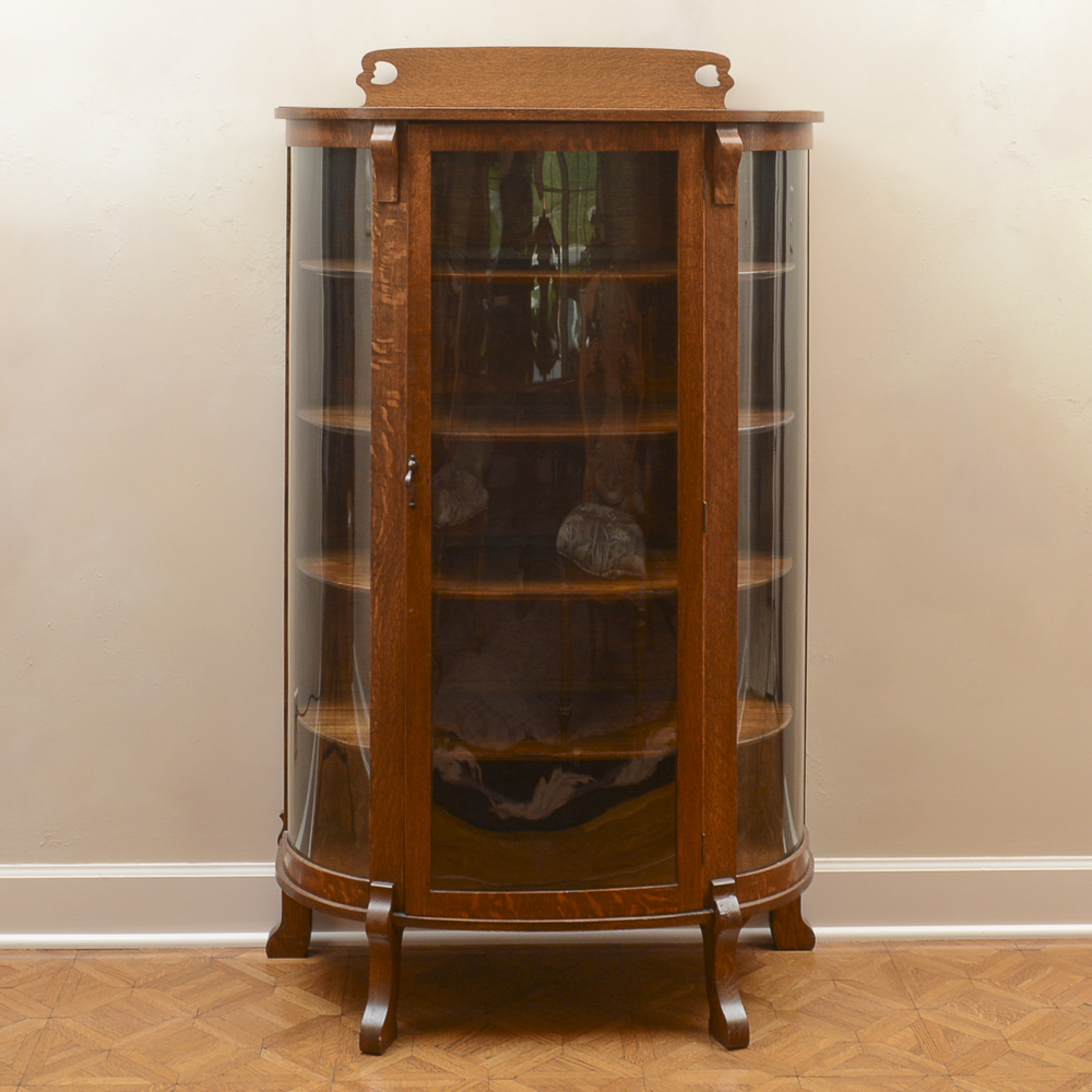 Vintage Demilune Oak Curio Cabinet