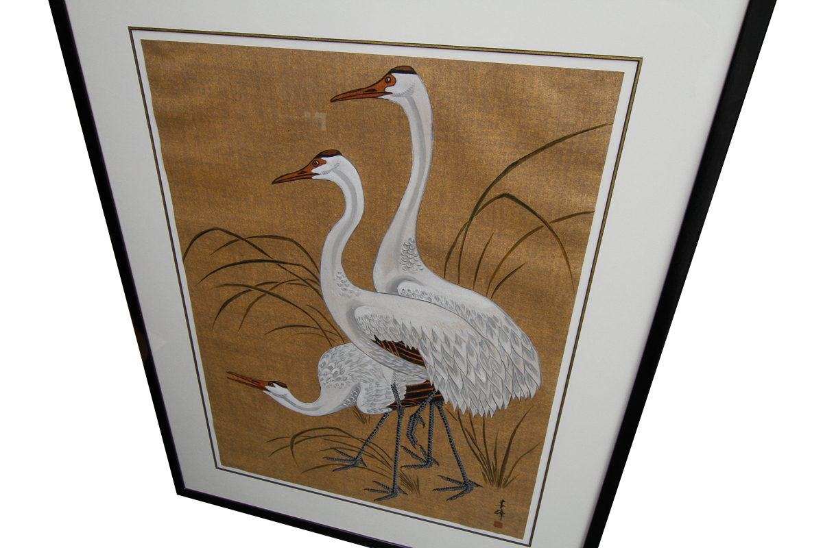 Vintage East Asian Tempera Painting on Silk of Cranes