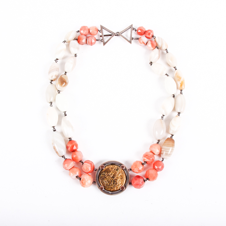 14K Rose Gold, Sterling Silver, and Banded Agate Necklace with Ptolemaic Coin