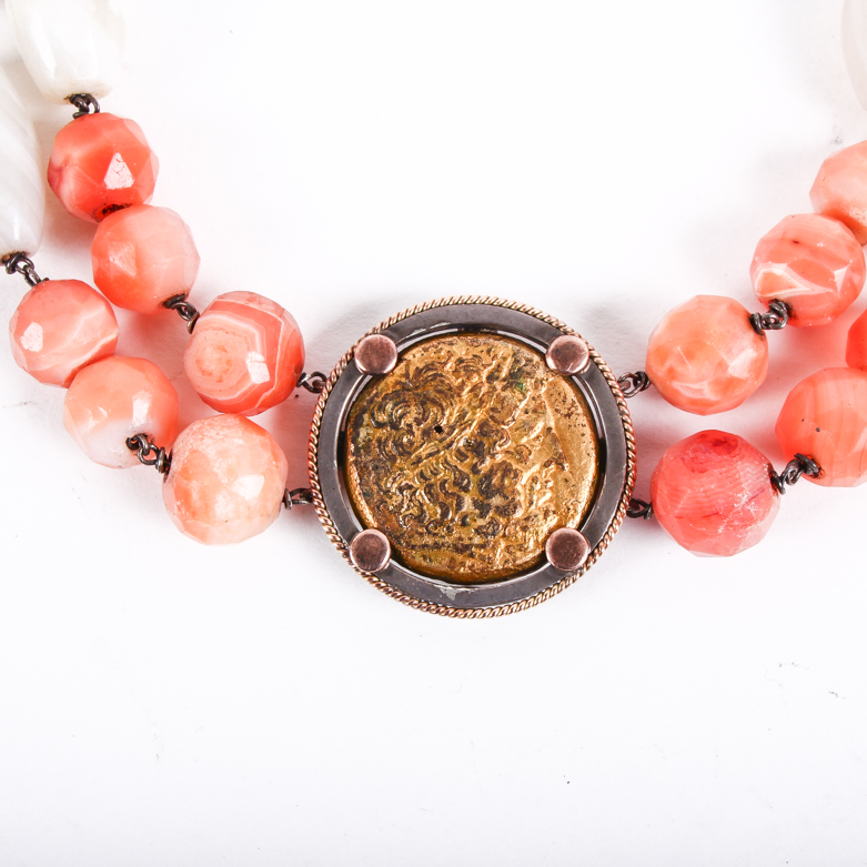 14K Rose Gold, Sterling Silver, and Banded Agate Necklace with Ptolemaic Coin