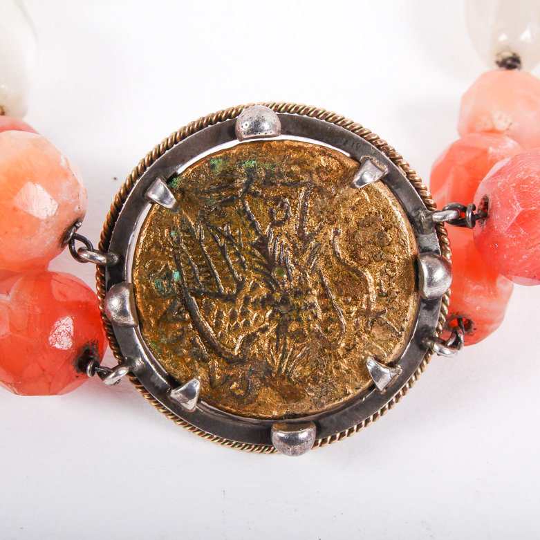 14K Rose Gold, Sterling Silver, and Banded Agate Necklace with Ptolemaic Coin