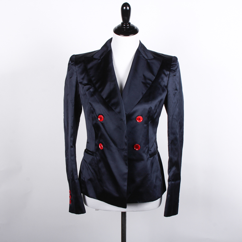 Moschino Navy Blue Silk Blend Blazer with Red Buttons