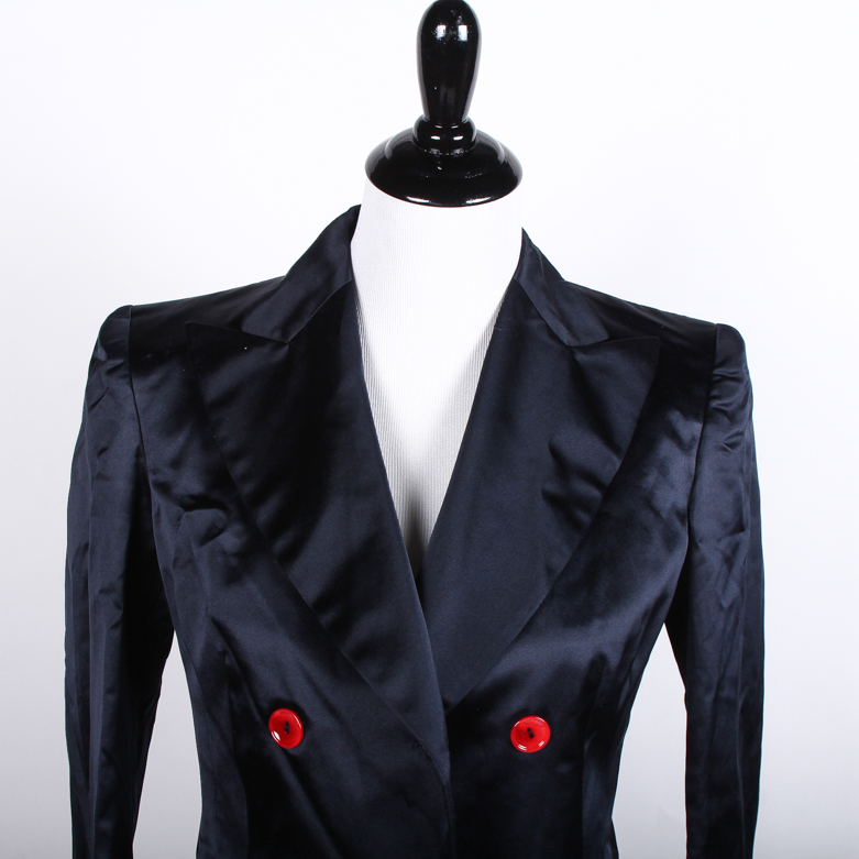 Moschino Navy Blue Silk Blend Blazer with Red Buttons