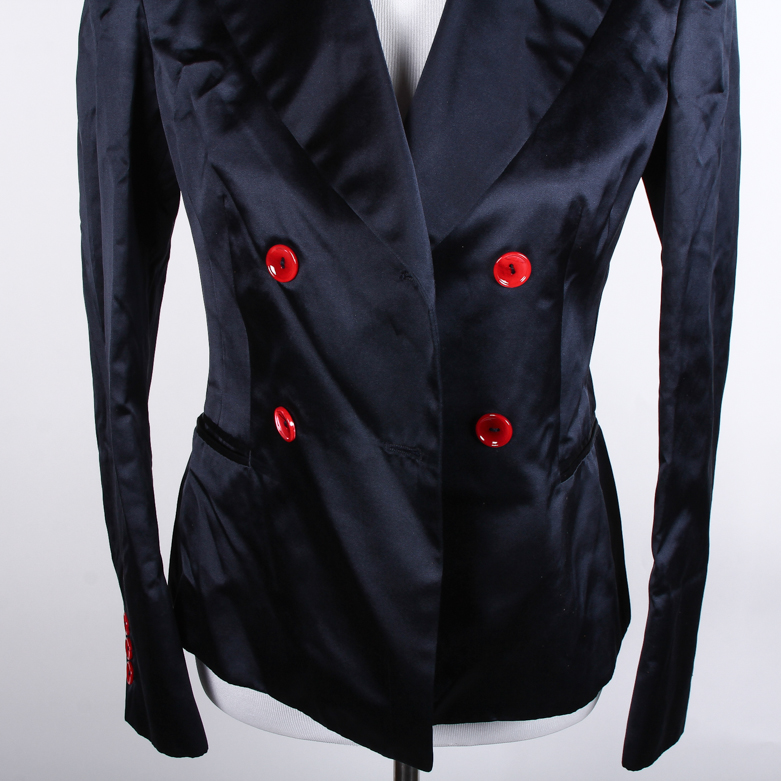Moschino Navy Blue Silk Blend Blazer with Red Buttons