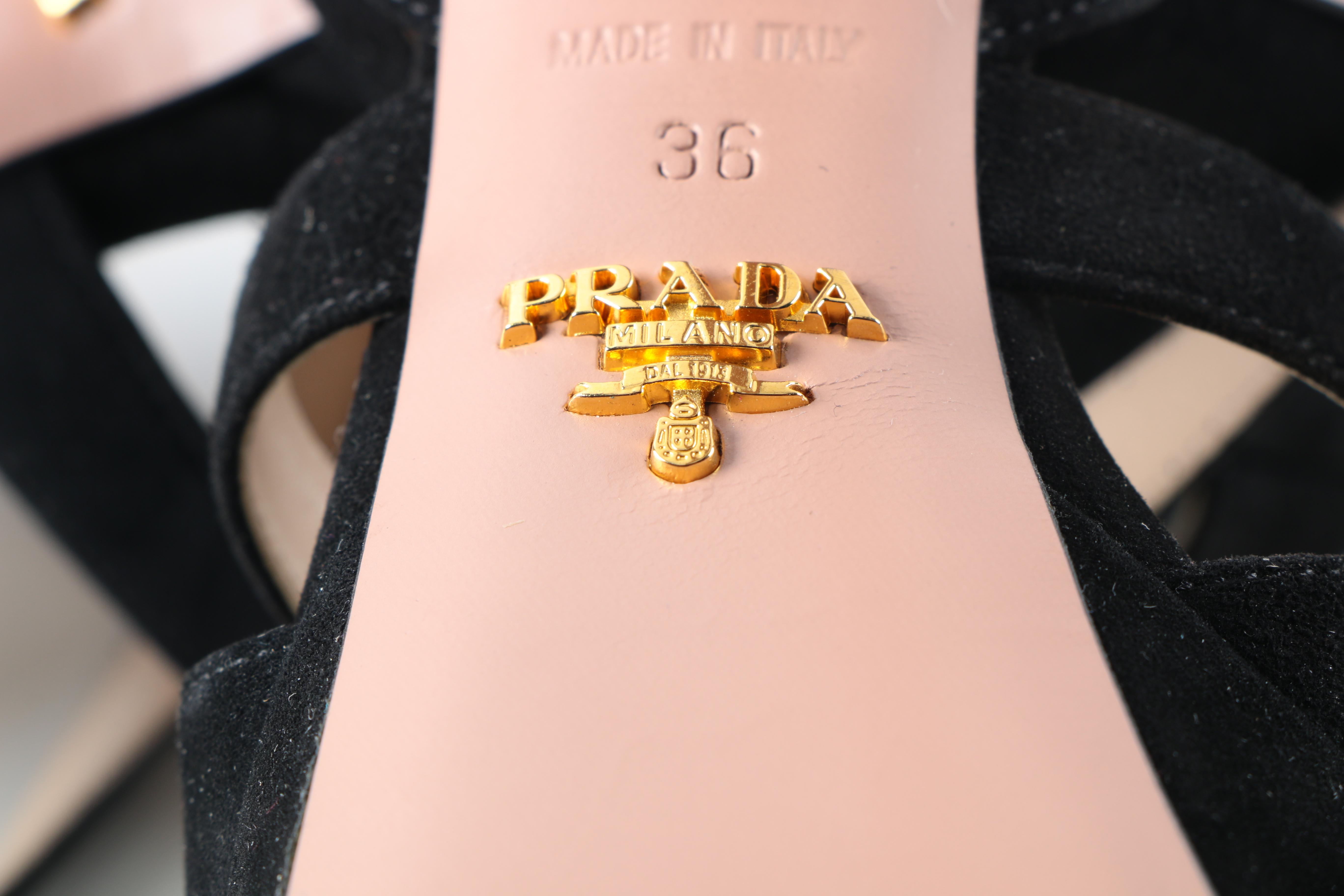 Prada Milano Black Suede Strappy Platform Dress Sandals with Stiletto Heel