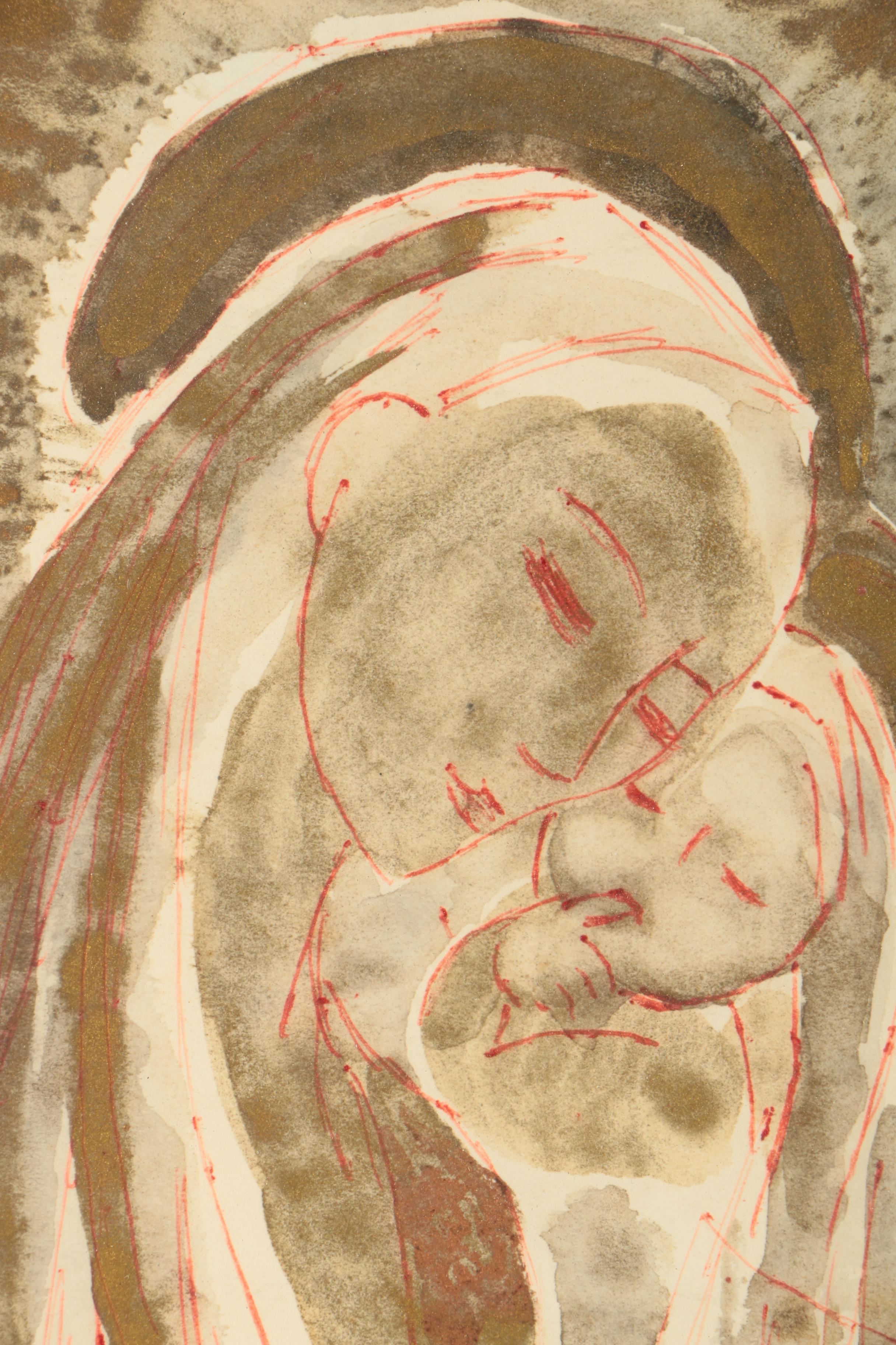 A. Topalian Ink Drawing of Madonna and Child