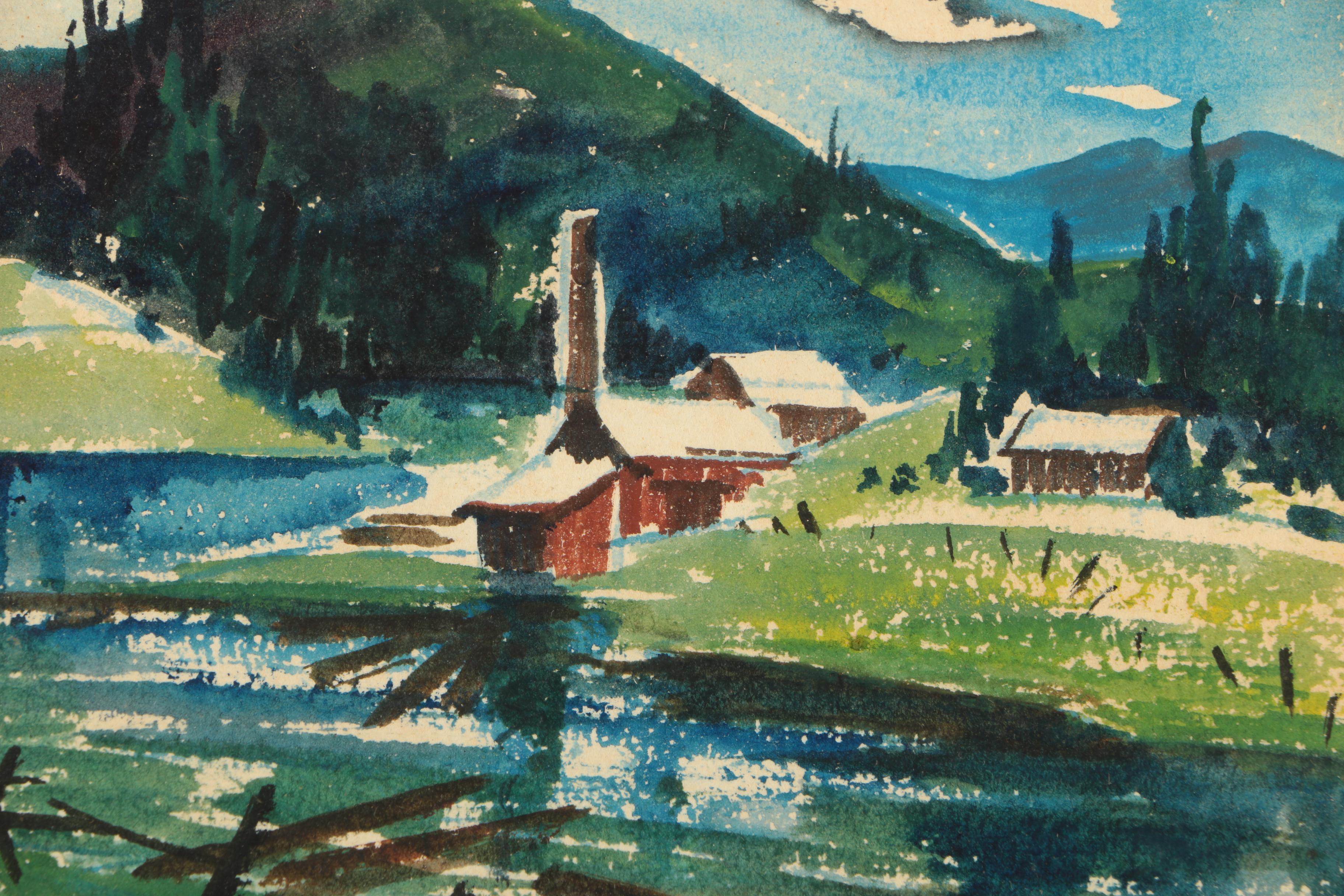 Signed Watercolor of Mountain Scene