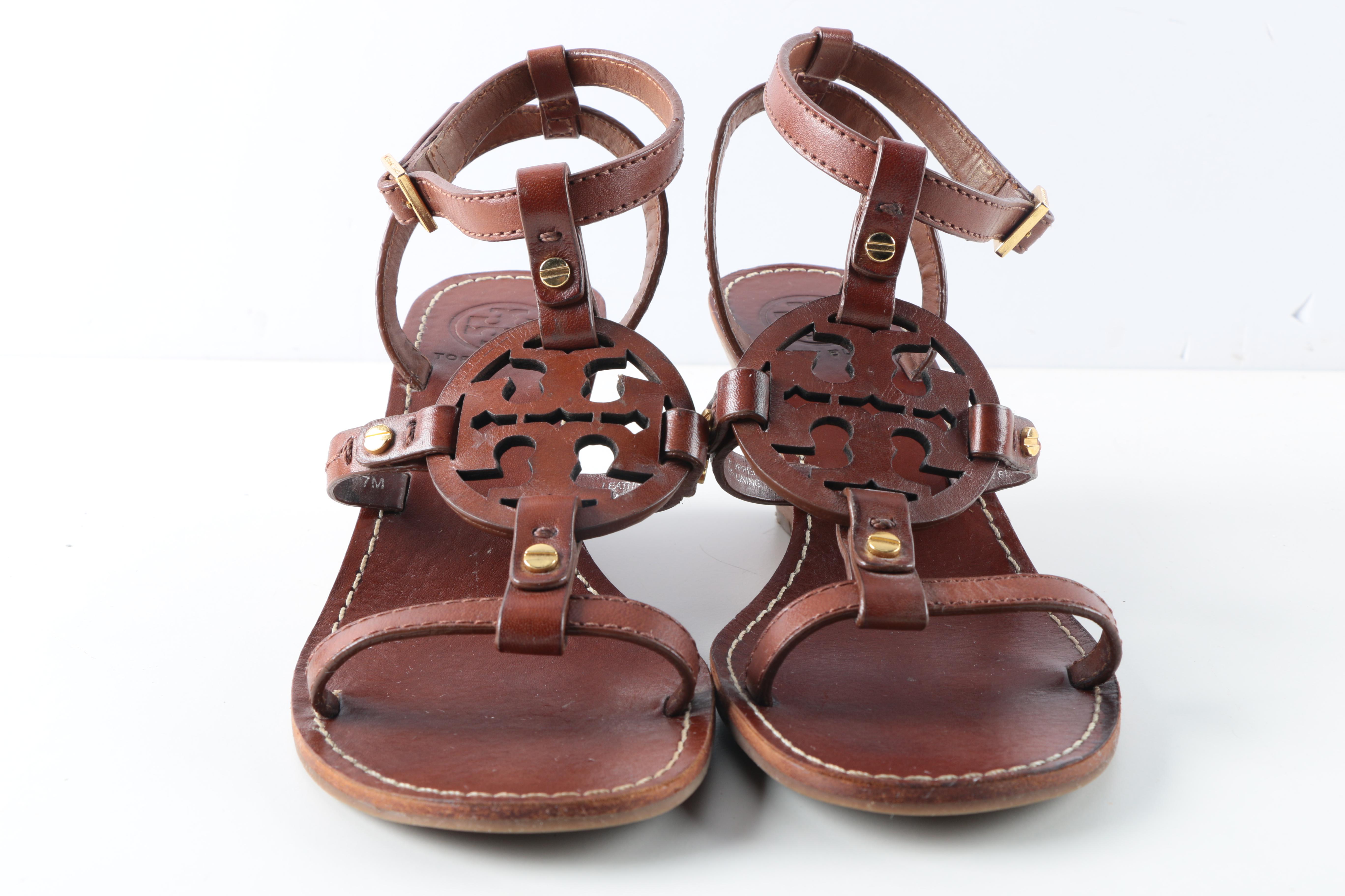 Tory Burch Strappy Brown Leather Wedge Sandals