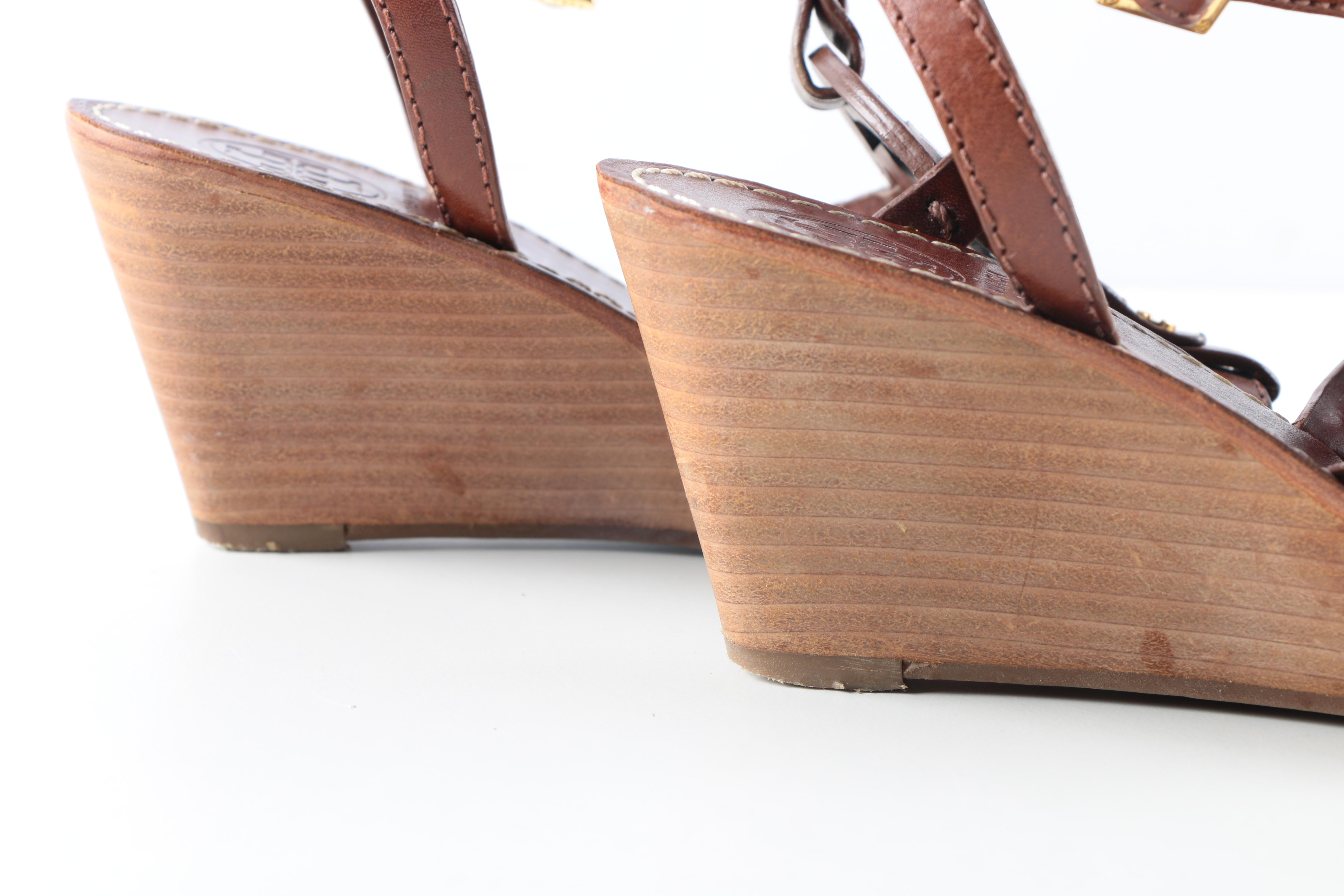 Tory Burch Strappy Brown Leather Wedge Sandals