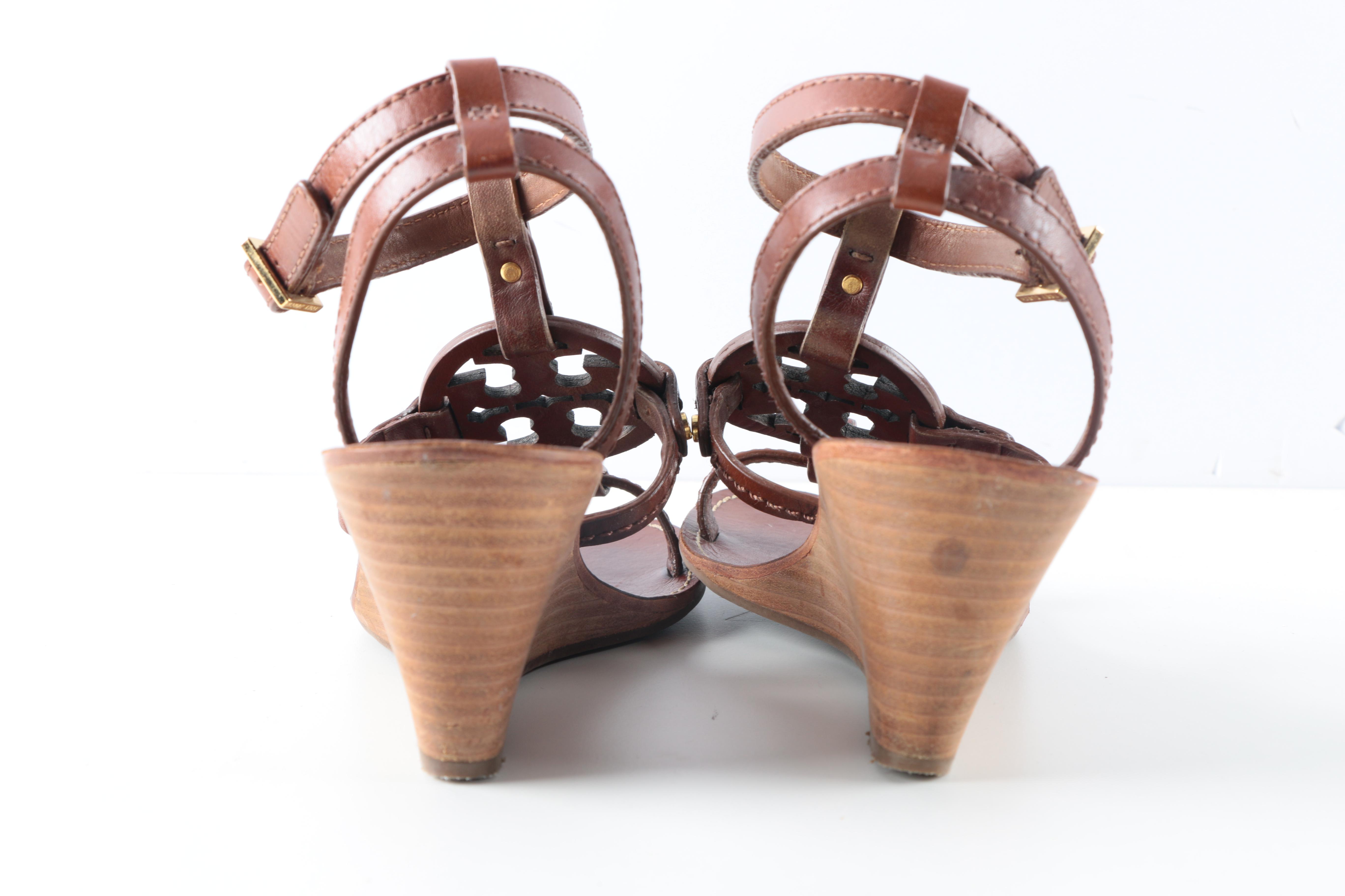 Tory Burch Strappy Brown Leather Wedge Sandals