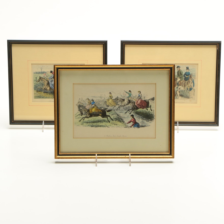 Hand-Colored Reproduction Lithographs After John Leech Equestrian Scenes