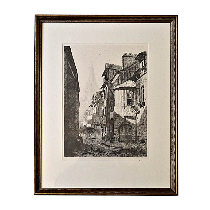 1881 E. Nicolle Etching Titled "Rue des Matelas in Rouen"