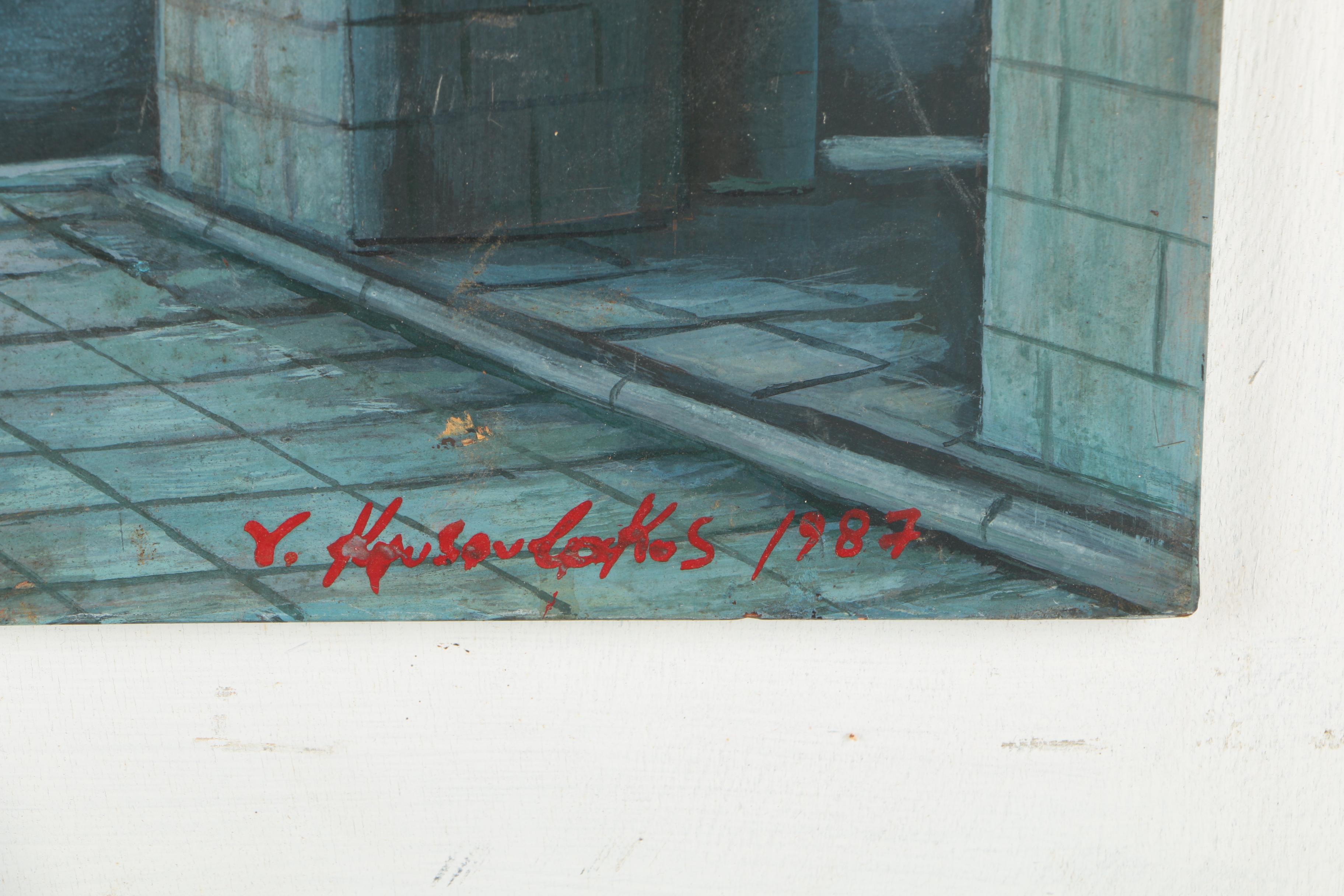 Signed Gouache on Copper Painting of Mediterranean Cityscape