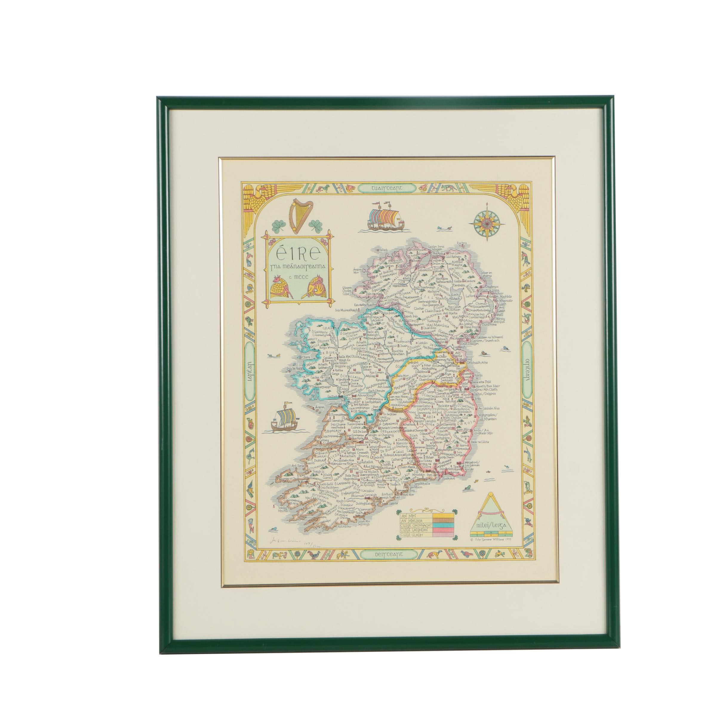 John Garnons Williams Limited Edition Hand Colored Lithograph Map of Medieval Ireland