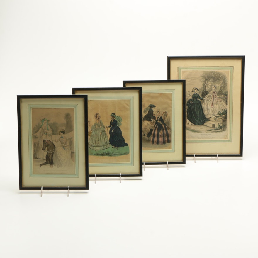 Collection of Hand Colored Wood Engravings on Paper Fashion Prints