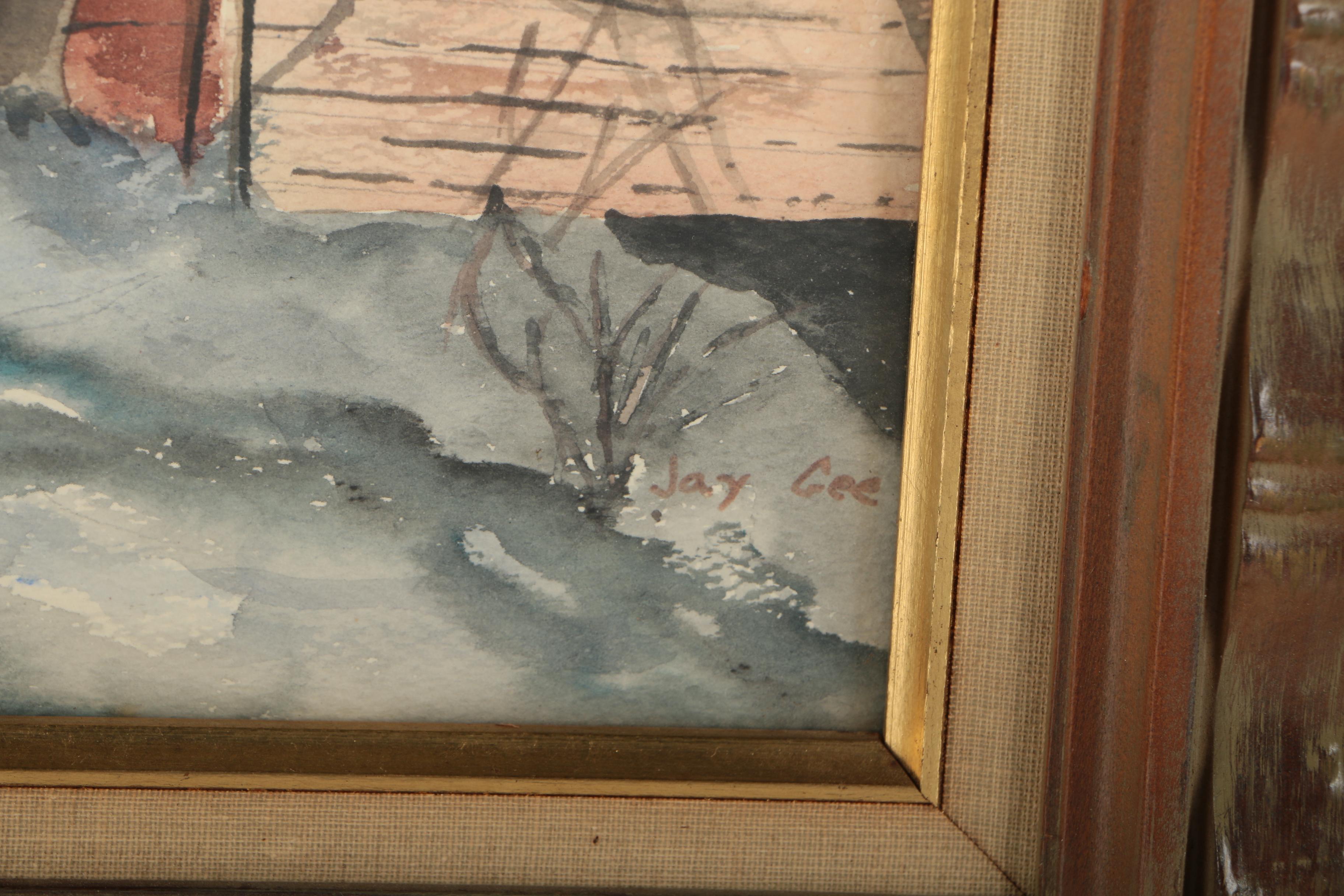 Jay Gee Watercolor Painting on Paper of a Winter Scene