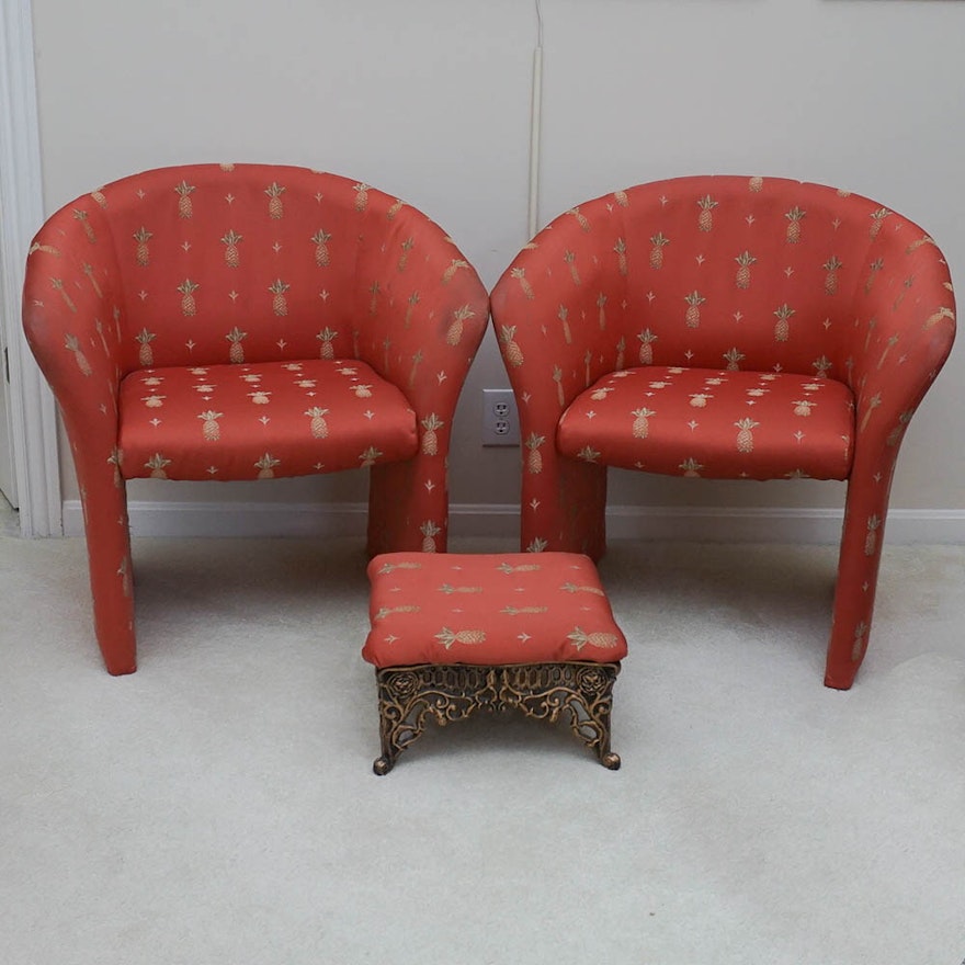 Pair of Regency Style Upholstered Armchairs and Footstool